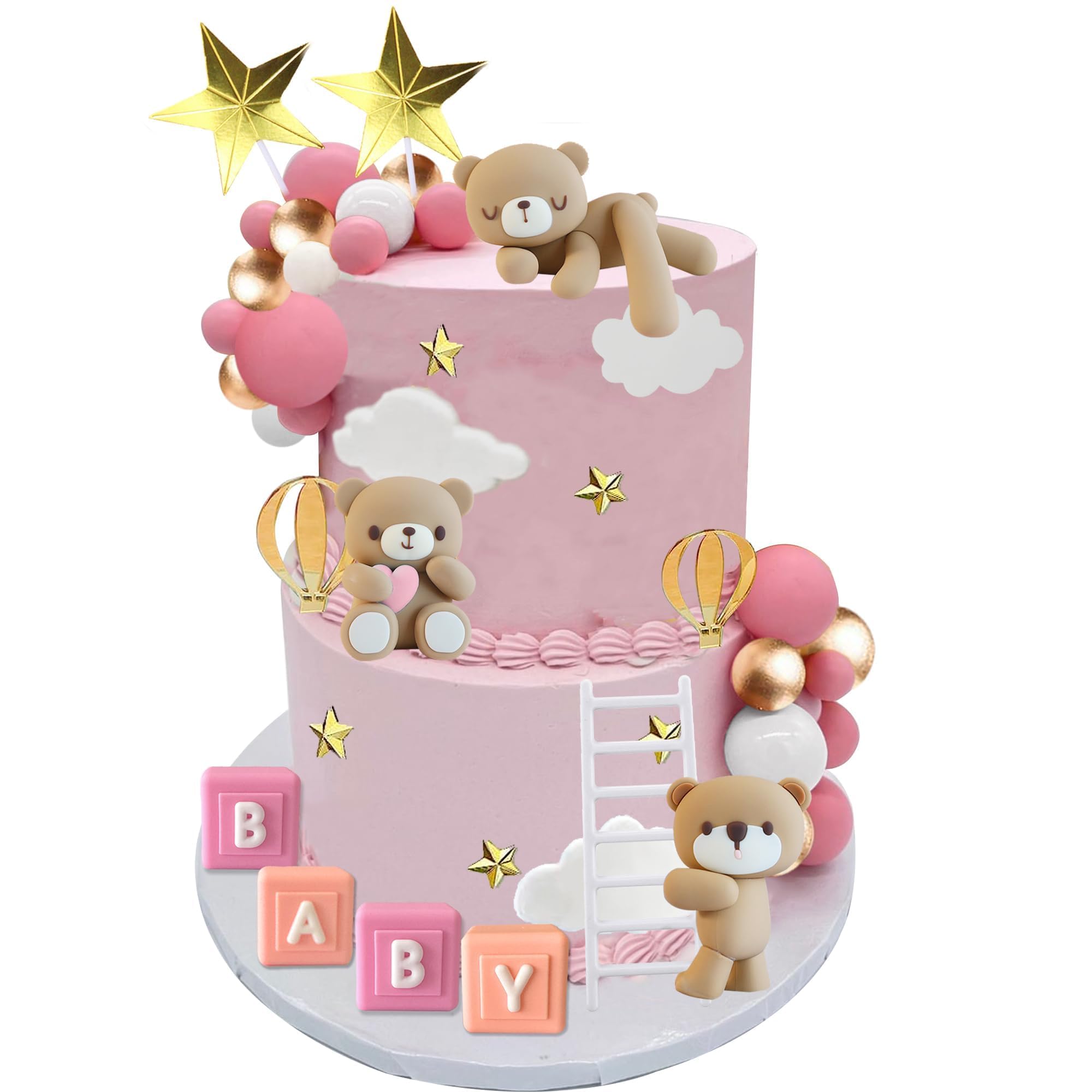 Bear Cake Toppers - Adorable Bear Ball Cake Decorations with BABY Letters for Baby Shower, Birthday Party, Gender Reveal (Pink) - Perfect for Baby Boy/Girl Celebrations, Cupcake Toppers, and Nursery Theme Parties