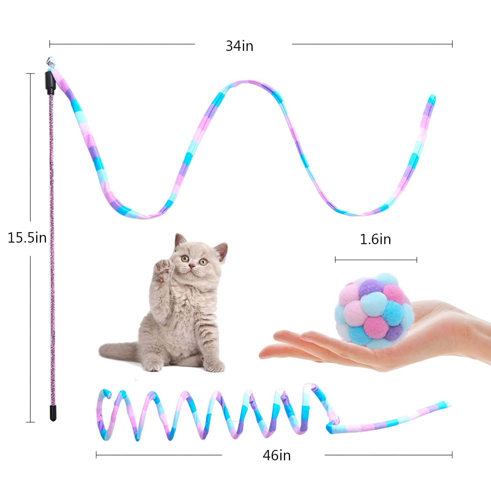 **Interactive Cat Toys for Indoor Cats - 3 Pack Rainbow Wand with Fuzzy Balls & Bell, Spring Toy for Kittens & Puppies - Perfect for Chase, Exercise & Playtime**