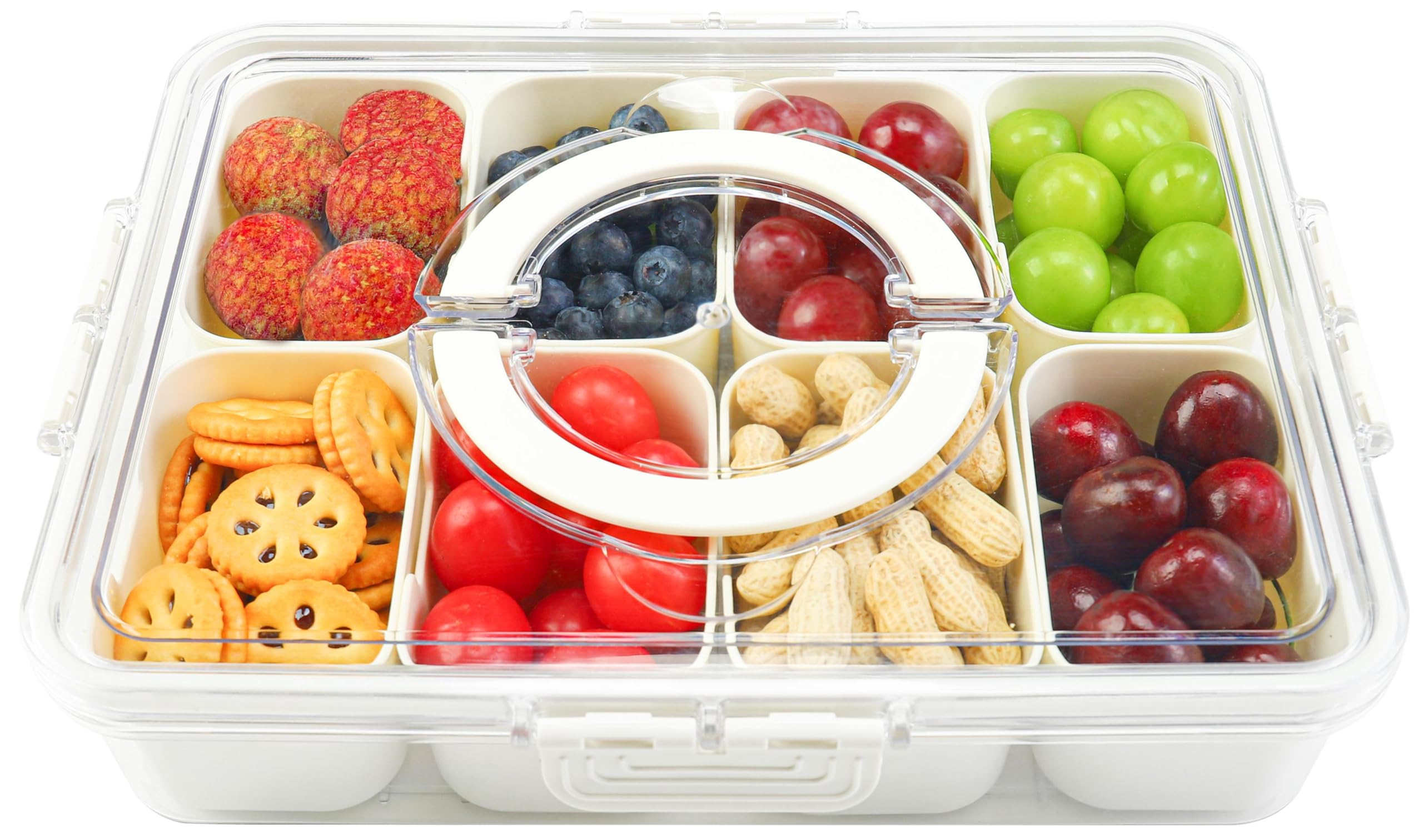 8-Compartment Snackle Box Container with Lid & Handle - Divided Serving Tray for Candy, Fruit, Snacks - Perfect for Parties, Picnics, School Lunches & Outdoor Gatherings