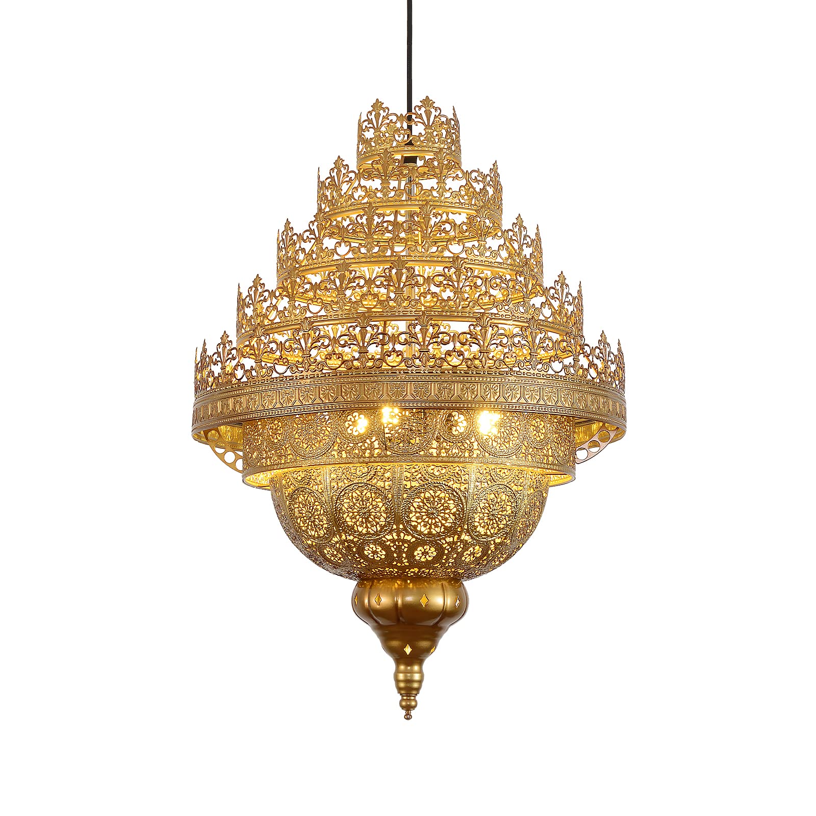Vintage Moroccan Pendant Light - Handcrafted Turkish Chandelier with Arabic Etching, Crown Gold Iron Hollow Ceiling Hanging Lamp for Kitchen Island, Restaurant, Hallway & Foyer - Perfect for Boho Home Decor, Middle Eastern Theme Dining & Ambient Lighting