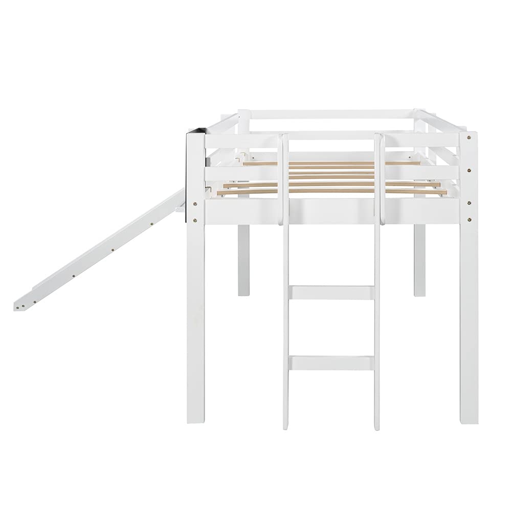 **White Twin Size Wood Loft Bed with Slide, Stairs & Chalkboard - Low Loft Bed Frame for Kids & Teens - Perfect for Small Bedrooms, Playrooms & Dorm Rooms**