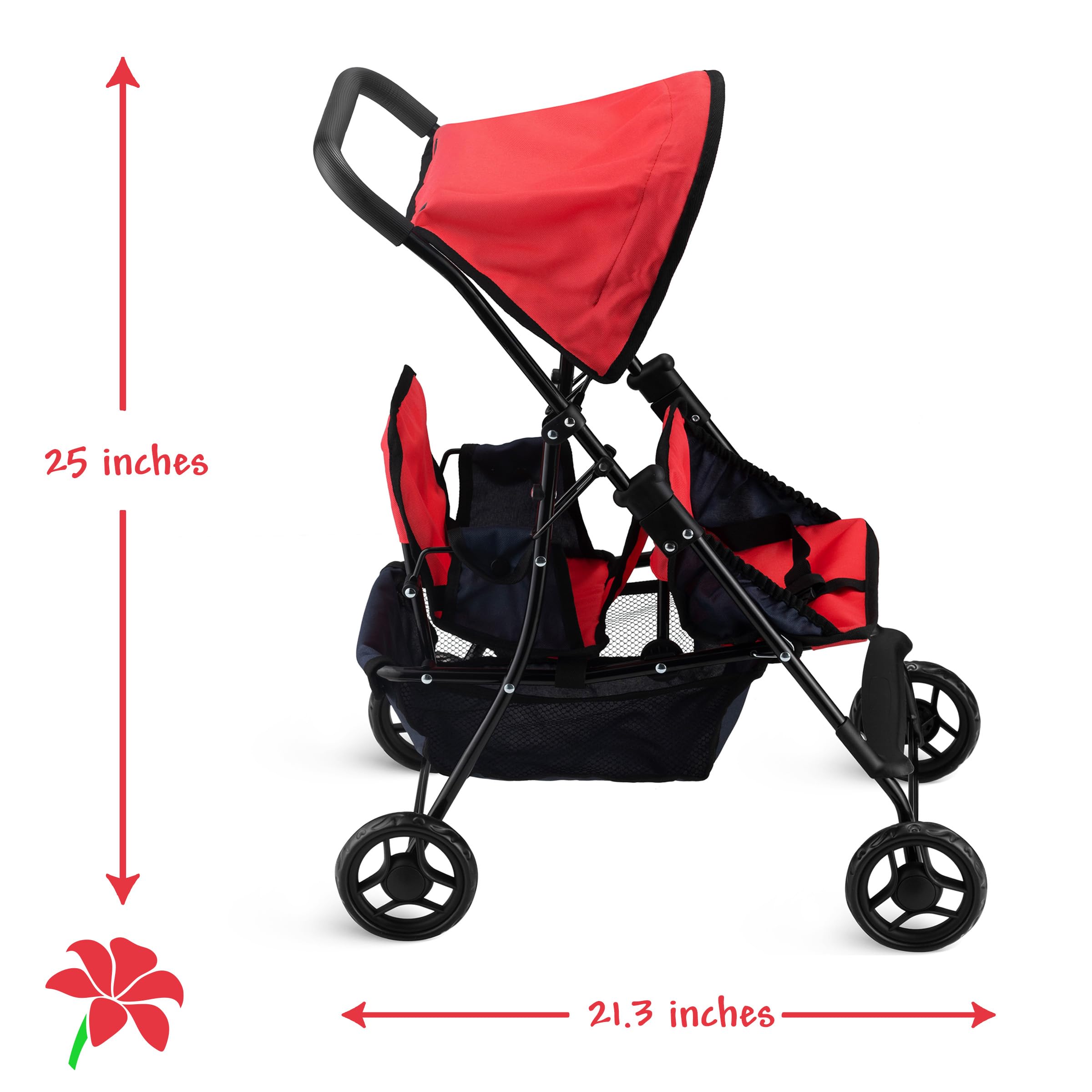 Hushlily® Tandem Double Doll Stroller for Kids - Adjustable Canopy & Storage Basket, Foldable Design with Smooth Rolling Wheels - Perfect for Indoor Play, Outdoor Walks & Doll Care Pretend Play (Red & Blue)
