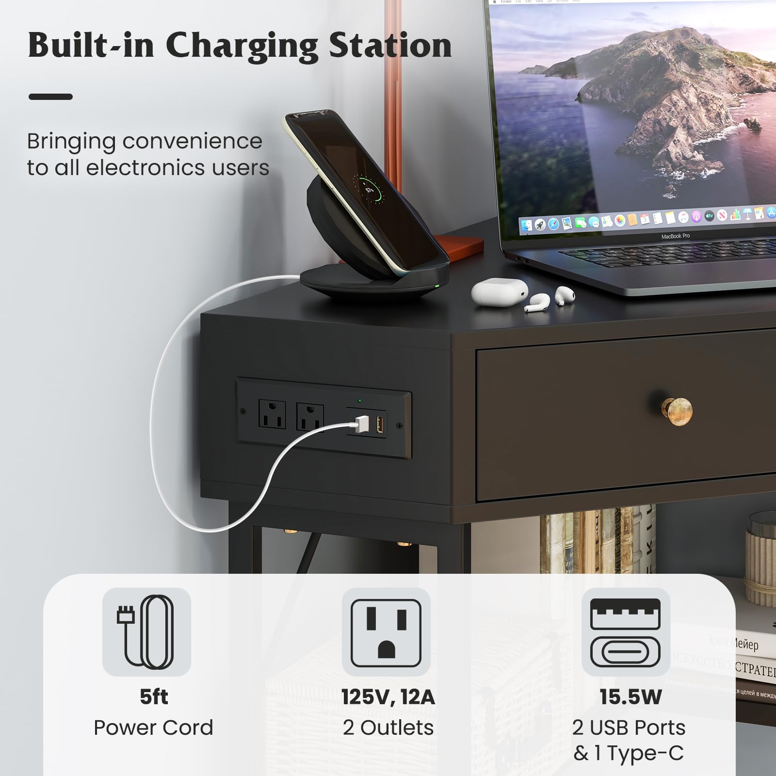 Tangkula 90-Degree Corner Desk with 2 Drawers, Built-in USB Charging Station & Storage Shelves - Compact Triangle Computer Desk for Small Spaces, Home Office, Bedroom Makeup Vanity & Study Writing Desk