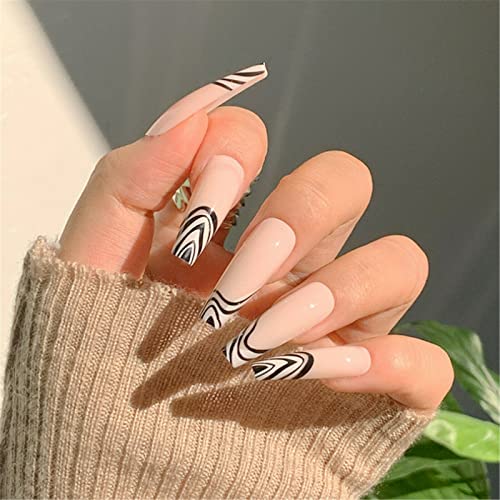 Ookizom 24 Pcs Long Press on Nails - Glossy Coffin Fake Nails with Glue, Acrylic False Nails for Women & Girls, Black & White Stripes Abstract Nail Art Designs - Perfect for Manicure, Parties, Weddings & Everyday Wear