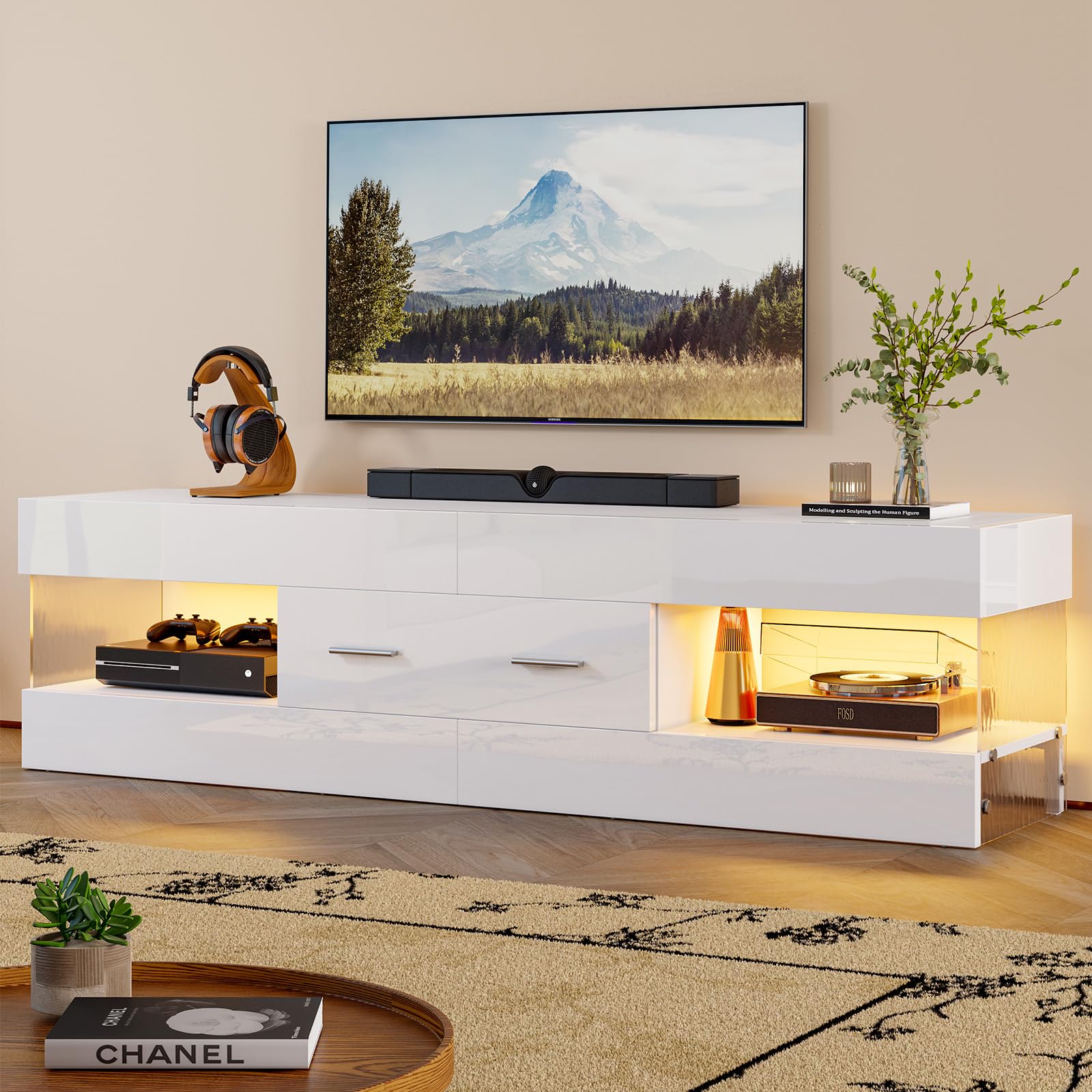 Bestier Modern TV Stand for 55-65 Inch TVs - High Gloss Entertainment Center with LED Lights, Stone-Patterned Side Panels & Large Storage Drawer - TV Console for Living Room, Bedroom (Glossy White) - Perfect for Home Theater Setup and Family Entertainment