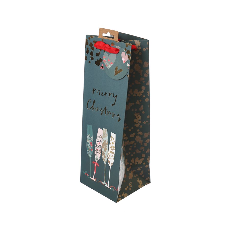 GLICK Christmas Paper Bottle Bag with Flutes - Eco-Friendly Holiday Gift Packaging for Wine, Liquor & Party Favors