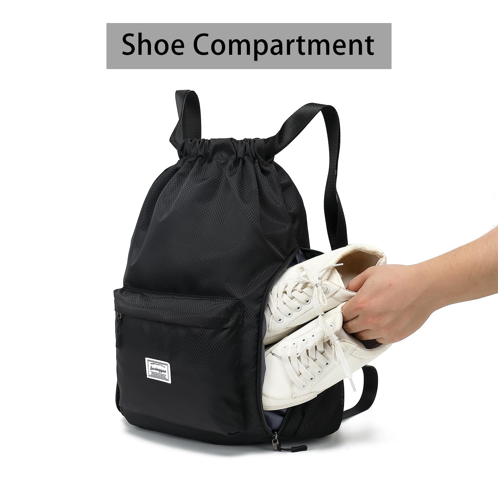 Fitness Drawstring Backpack with Shoe Compartment for Gym & Travel - Black