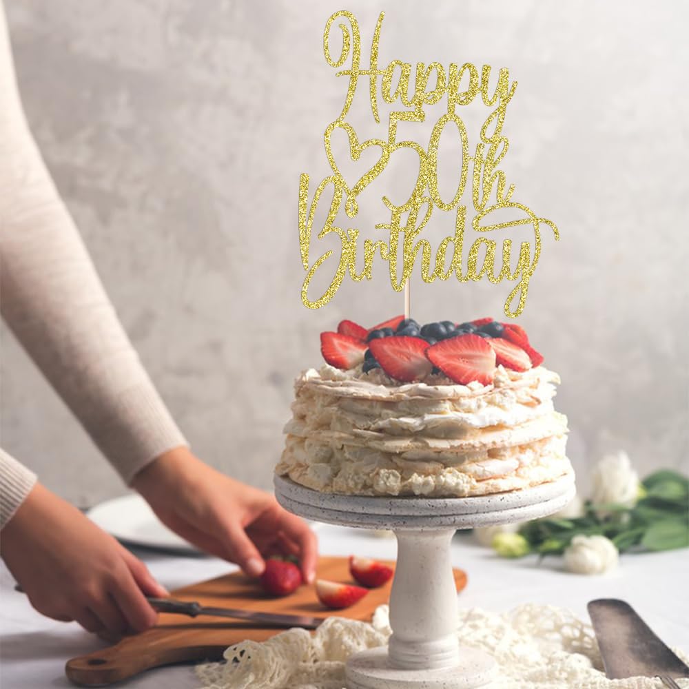 Gold Glitter Happy 50th Birthday Cake Topper - Cheers to 50 Years & Fabulous Cake Decoration for 50th Anniversary Party | Perfect for Milestone Birthday Cakes, Retirement Celebrations & Golden Jubilee Events