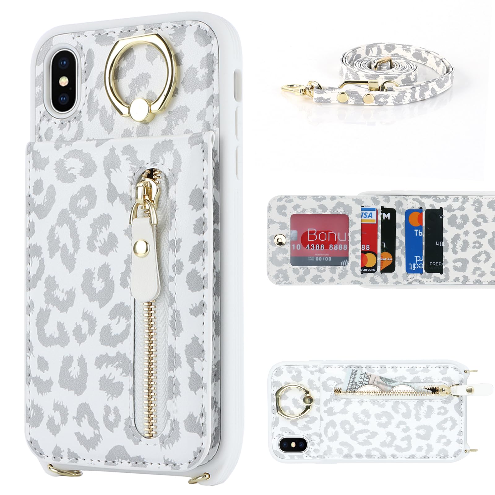 Premium iPhone Xs Max Wallet Case for Women - Slim Card Holder with Strap, Kickstand & Zipper Closure (White Leopard Print) | Perfect for Everyday Use, Travel & Hands-Free Convenience