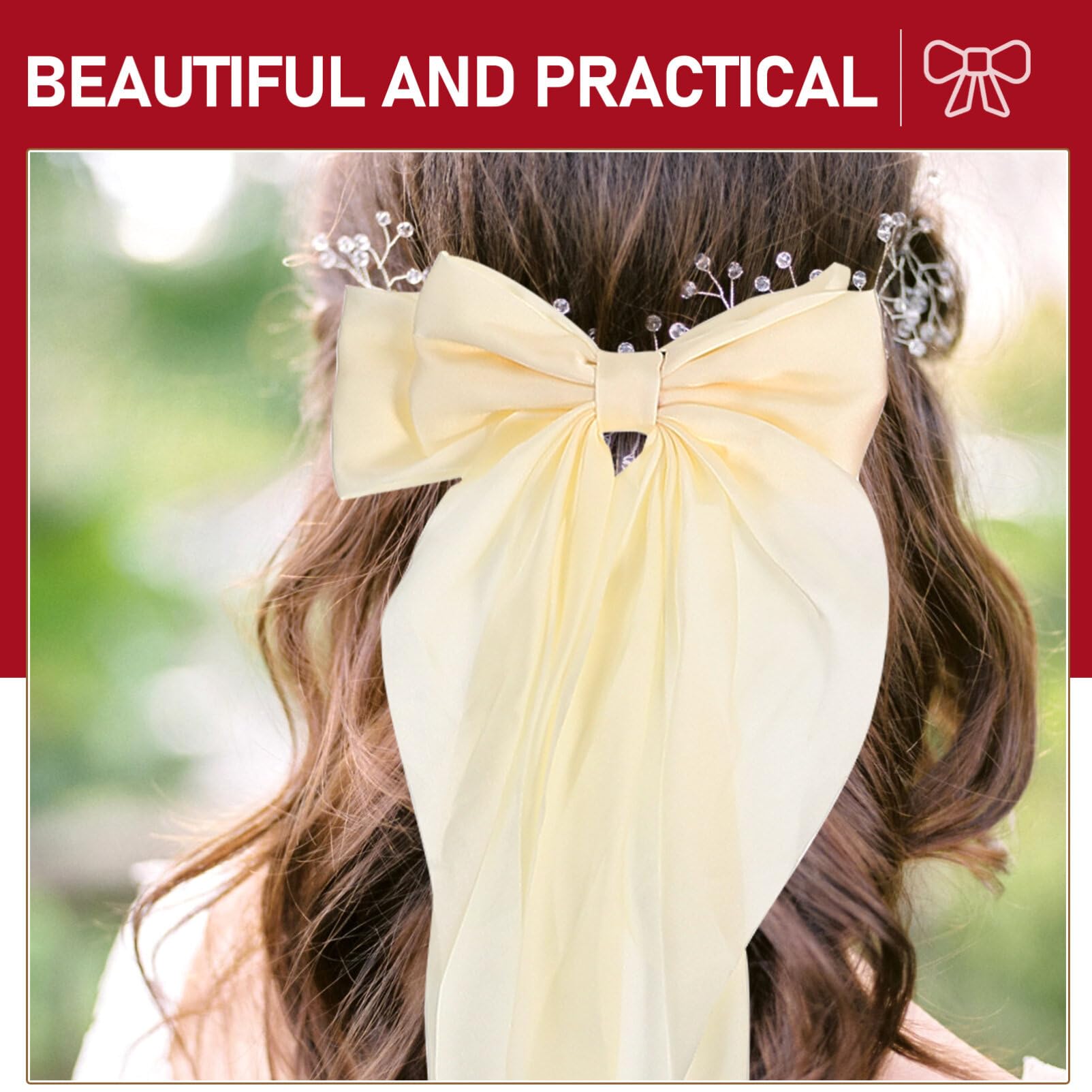 EXCLUZO 3-Piece Large Bow Hair Clips for Women - Elegant Metal Barrettes with Ribbon Tails for Ponytails, Braids & Updos - Perfect for Weddings, Parties & Everyday Styling