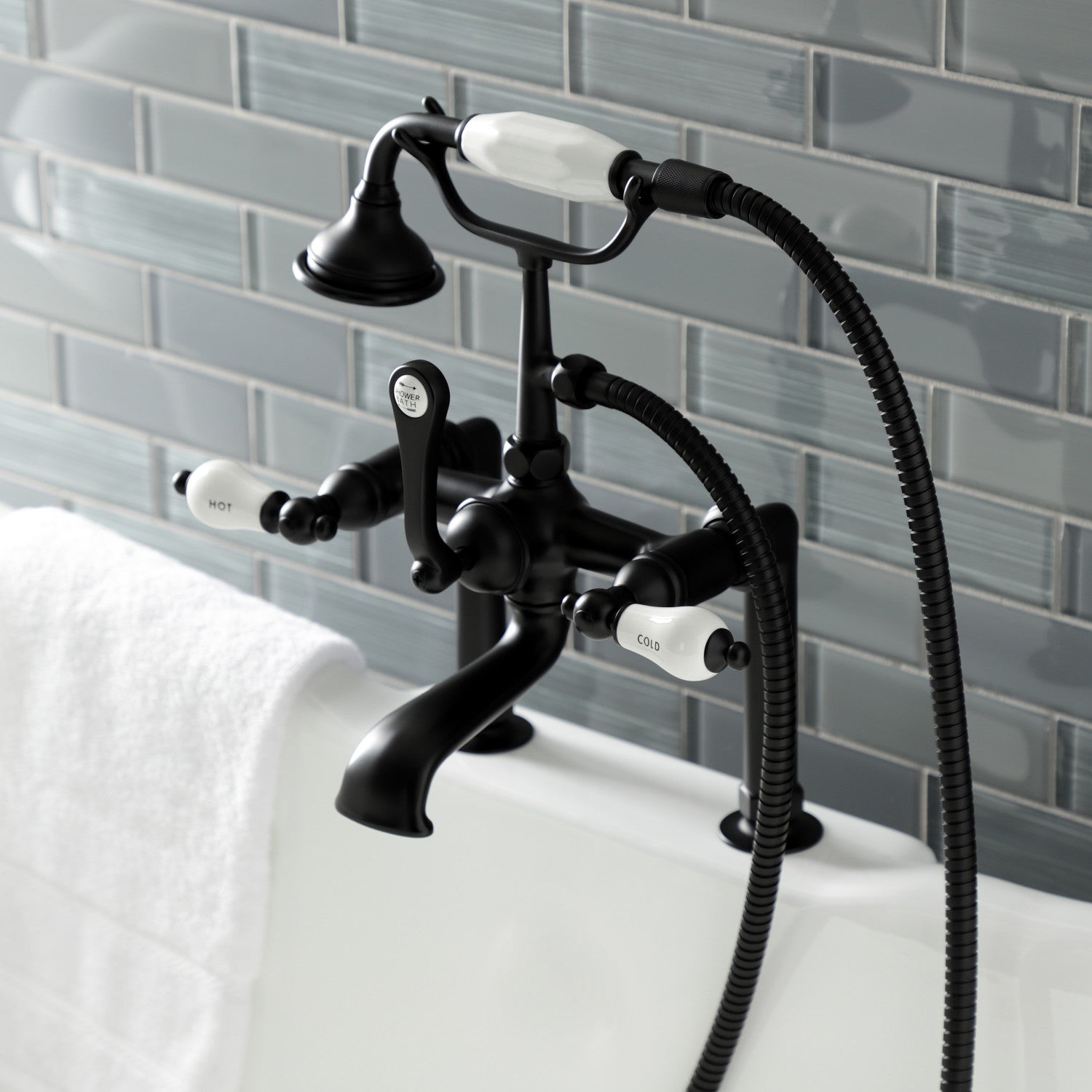 Vintage Matte Black Clawfoot Tub Faucet with Hand Shower - 3 Handle 2 Hole Deck Mount Bathroom Fixture for Classic & Modern Bathrooms | Perfect for Freestanding Tubs & Luxury Bathroom Renovations