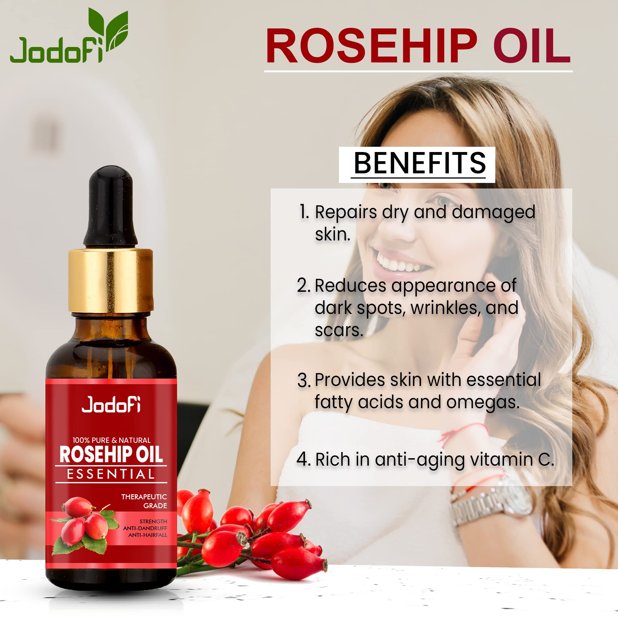Pure Jodofi Rosehip Essential Oil 15ml - 100% Natural, Cold Pressed for Skin & Hair Care - Perfect for Anti-Aging, Scar Reduction & Moisturizing - Ideal for DIY Beauty, Aromatherapy & Massage