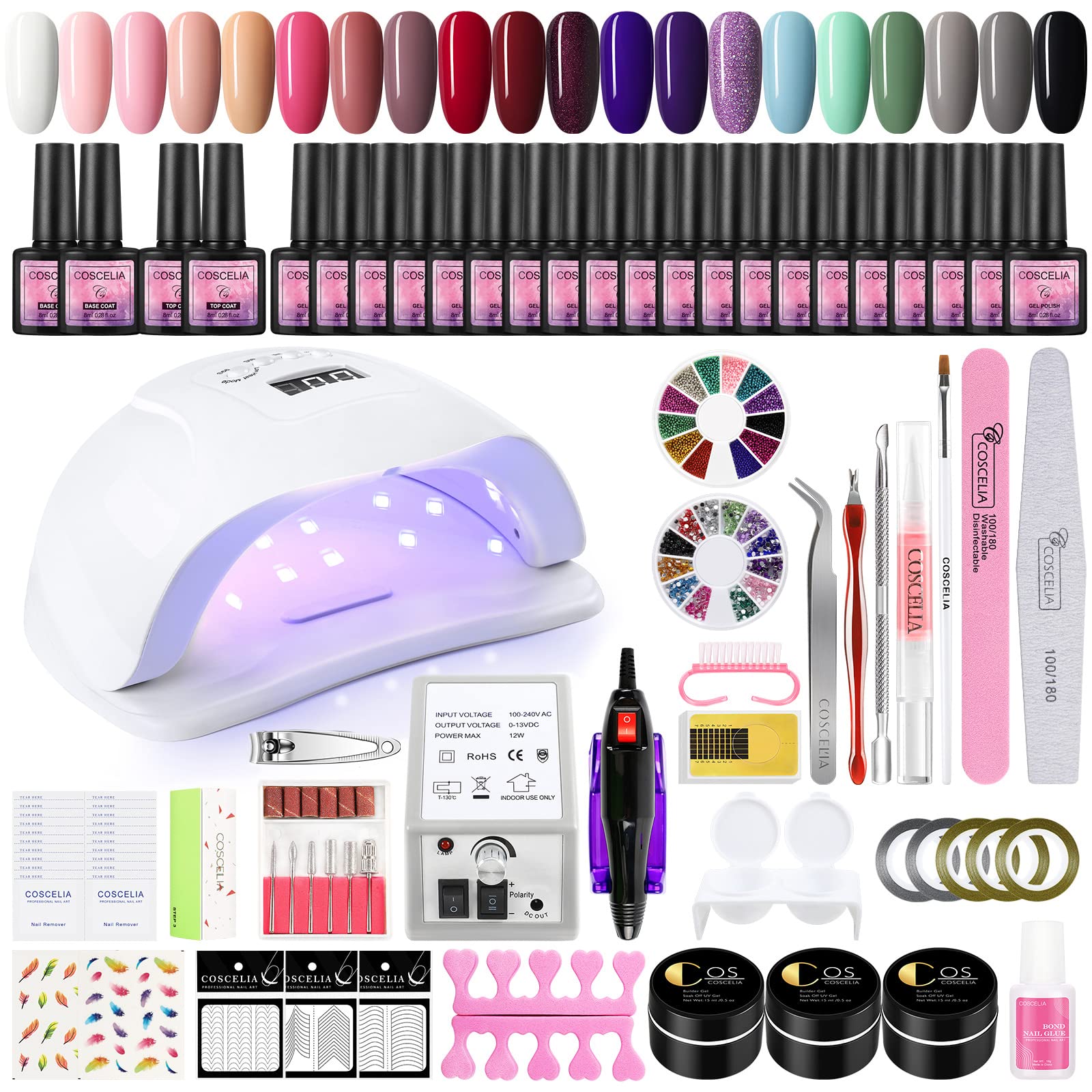 COSCELIA 20pcs UV Nail Kit with 80W LED Lamp - Semi-Permanent Gel Polish, Poly Extension Gel, 12W Nail Sander, Remover Pad & Accessories - Complete Manicure Set for Beginners | Perfect for Home Nail Art & Salon-Quality Gel Extensions