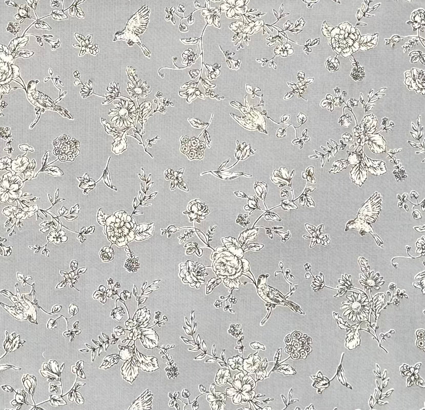 CAP4670 1B Silver Blue Bird Floral Toile Fabric - Vintage Inspired Home Decor Fabric for Curtains, Upholstery & DIY Craft Projects