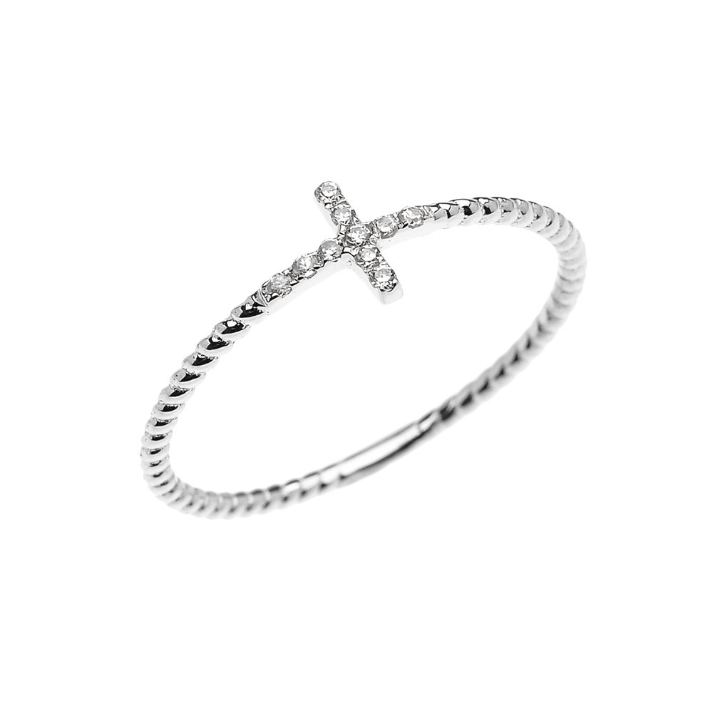 14K White Gold Diamond Accented Sideways Cross Rope Design Statement Ring for Women - IGI Certified (K-M Color) | Elegant Religious Jewelry Gift for Christmas, Baptism & Special Occasions