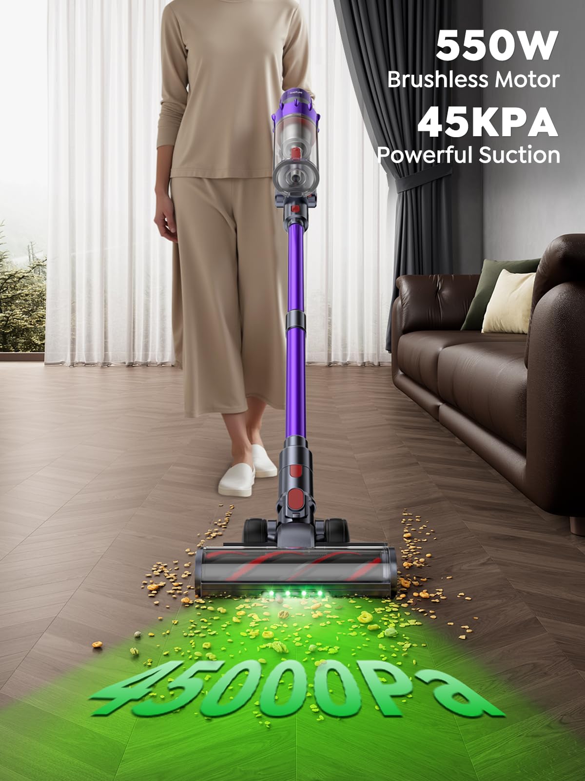 **Powerful Cordless Vacuum Cleaner - 550W 45KPA Suction, 60 Min Runtime, Self-Standing & Wall Mount Charging - Smart Auto Mode for Pet Hair, Carpet & Hard Floors - Ideal for Home Cleaning & Quick Pickups**