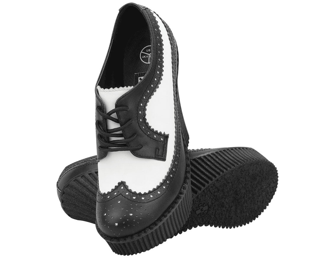 T.U.K Black & White Leather Brogue Wingtip Creeper Wedge Shoes for Women - Vintage Punk Rock Style for Casual Wear & Night Out
