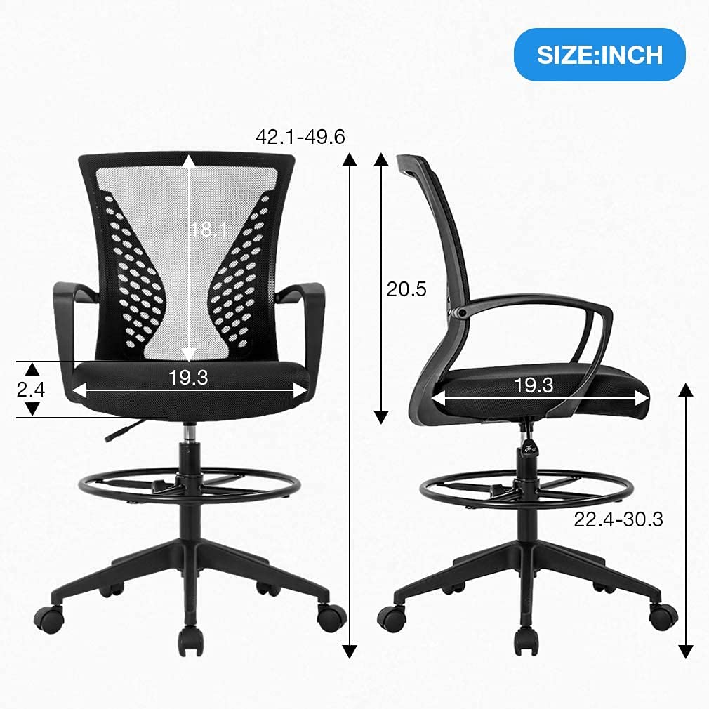 Ergonomic Adjustable Height Drafting Chair with Lumbar Support & Foot Ring - Mesh Office Chair for Standing Desk, Computer Work & Reception Areas - Perfect for Architects, Designers & Long Work Sessions