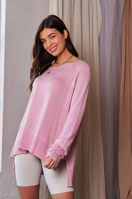 Davi & Dani Women's Rhinestone Star High Low Blouse - Elegant Round Neck Top for Parties, Date Nights & Special Occasions