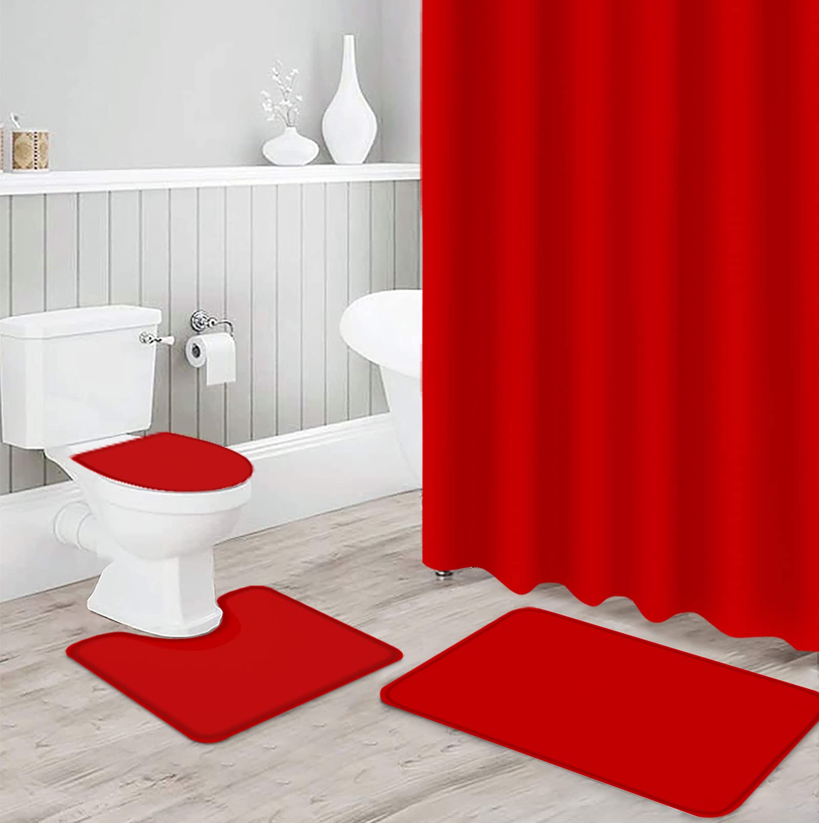 4PCS Non-Slip Bathroom Mat Set - Christmas Red Solid Decor with Shower Curtain, Toilet Seat Cover & Large Rugs (72x72in) for Holiday Home Decor & Cozy Bathroom Upgrade