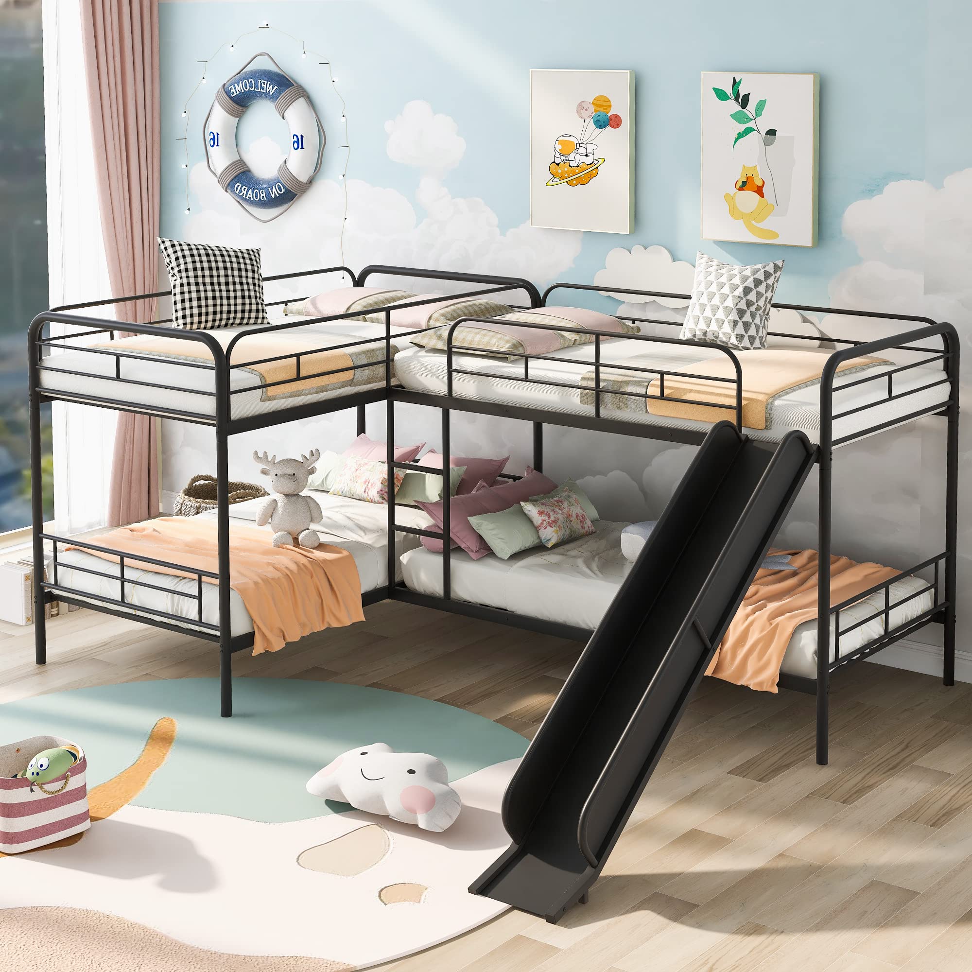 L-Shaped Twin Bunk Bed with Slide for 4 Sleepers - Space-Saving Kids & Teens Bunk Bed, No Box Spring Needed - Perfect for Shared Bedrooms, Vacation Homes & Dorm Rooms