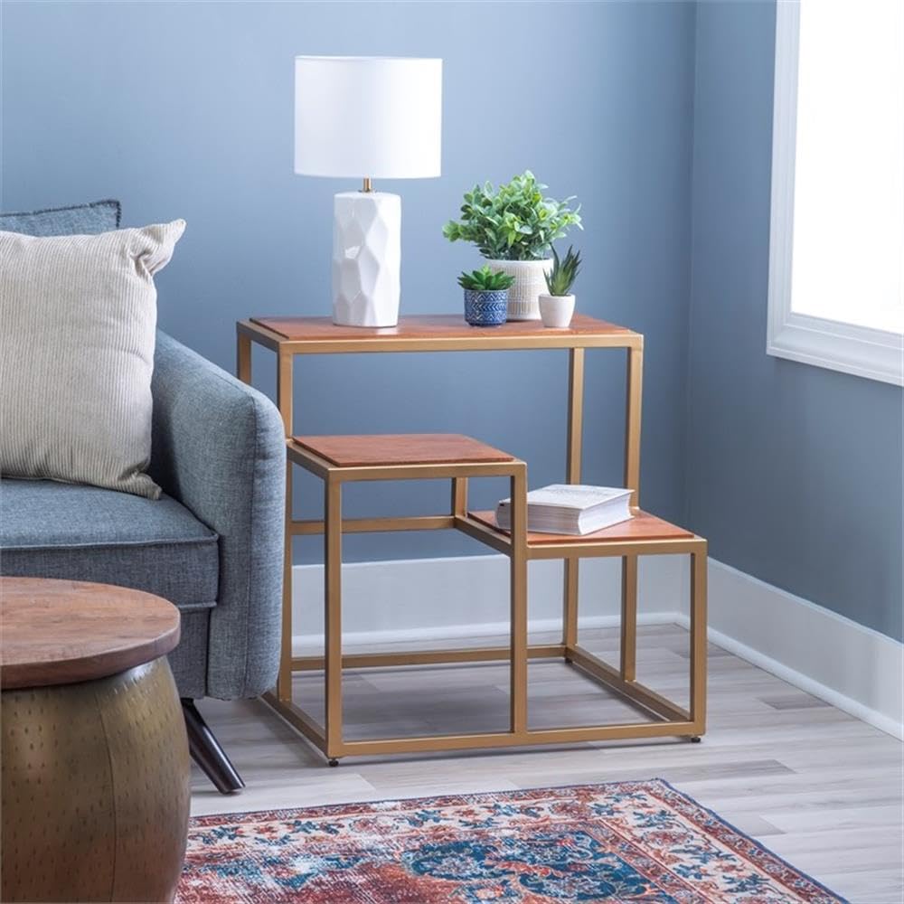 Linon Elijah 3-Tier Wood & Iron Side Table - Gold/Natural Finish | Perfect for Living Room, Bedroom, or Balcony Plant Stand | Multi-Purpose Storage Shelf for Home Decor