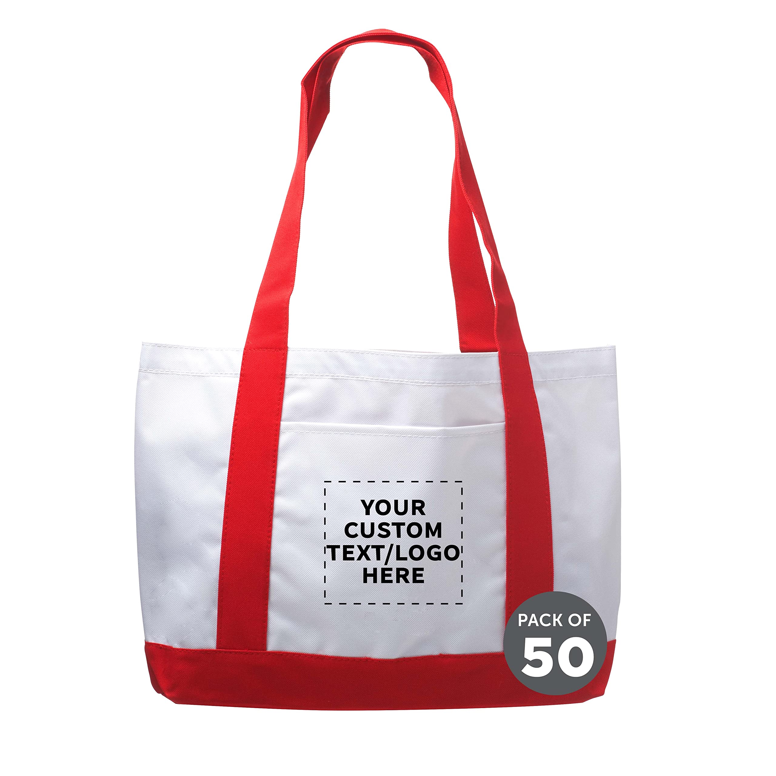 50 Pack Customizable Canvas Tote Bags with Reinforced Straps & Front Pocket - Bulk Polyester Shoulder Bags for Promotions, Events & Retail - Fashionable Red Design for Shopping, Trade Shows & Corporate Gifts