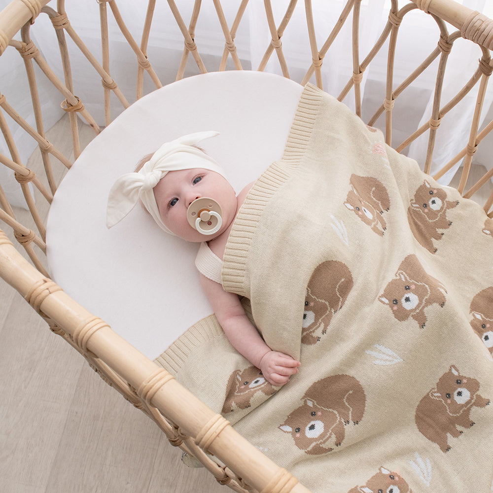 Soft Cotton Knit Australiana Baby Blanket - Adorable Fawn Wombat Design | Perfect for Nursery, Stroller & Gift Giving