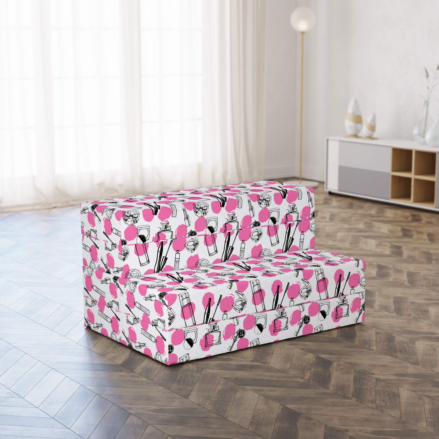 Ambesonne Feminine Foldable Mattress - Pink & Charcoal Grey Makeup Themed Twin Size (74.8