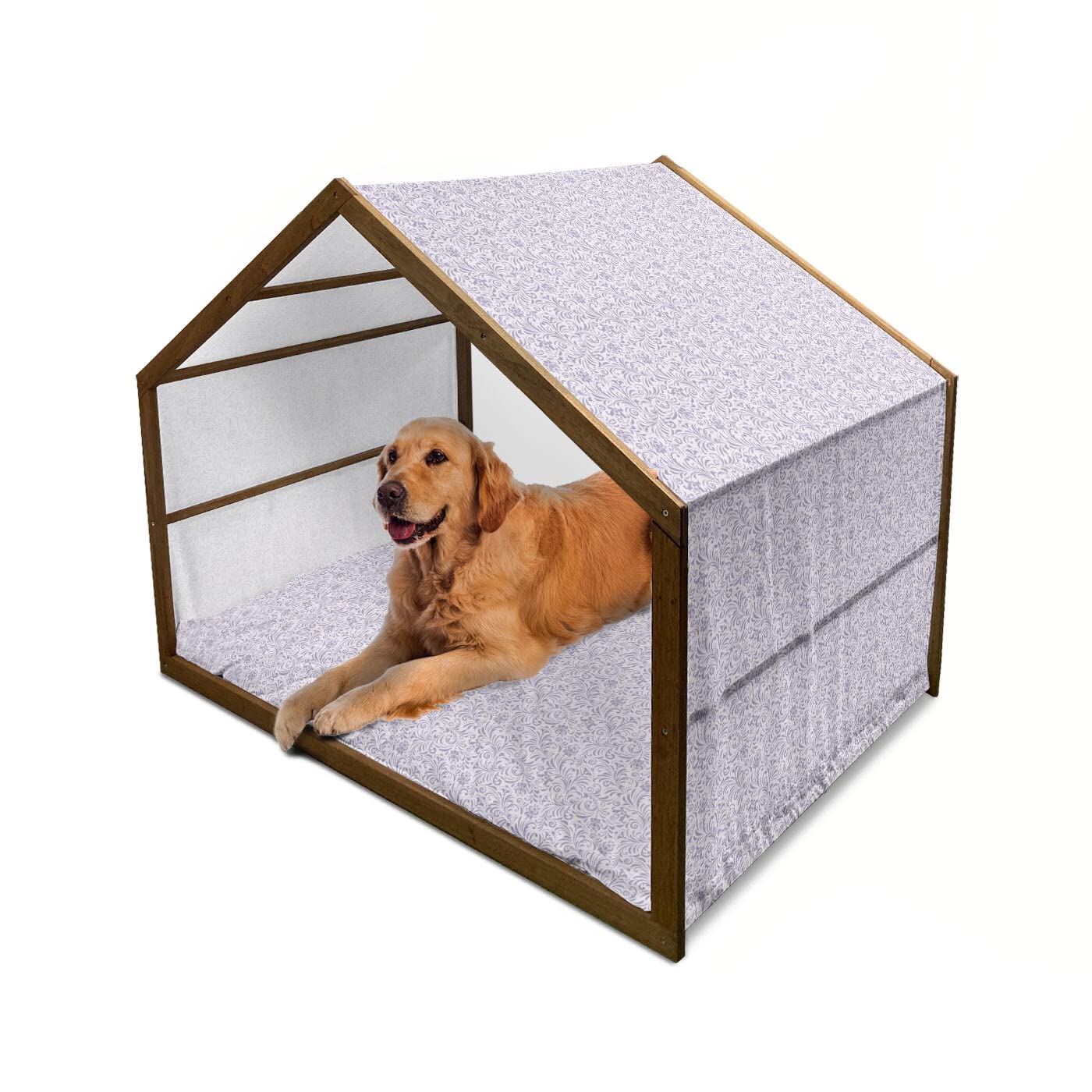 Ambesonne Floral Wooden Dog House - Large Indoor & Outdoor Portable Pet Kennel with Pillow & Cover, Vintage Pastel Flower Pattern, 2X-Large Size in Pale Mauve & Lavender | Perfect for Backyard, Patio, or Living Room Pet Shelter