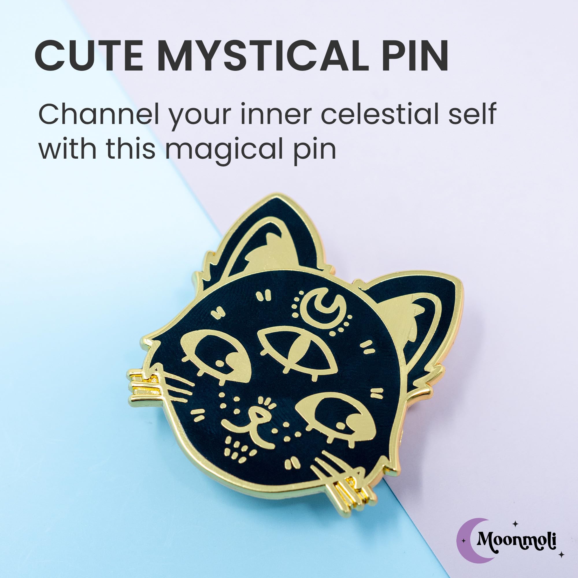 Black Cosmic Witch Cat Enamel Pins - Aesthetic Cat Lover Accessories with Crescent Moon & Third Eye Chakra Design for Halloween - Premium Metal Pins for Backpacks, Jackets, Hats & Denim | Perfect for Goth Fashion, Festival Outfits & Witchy Style