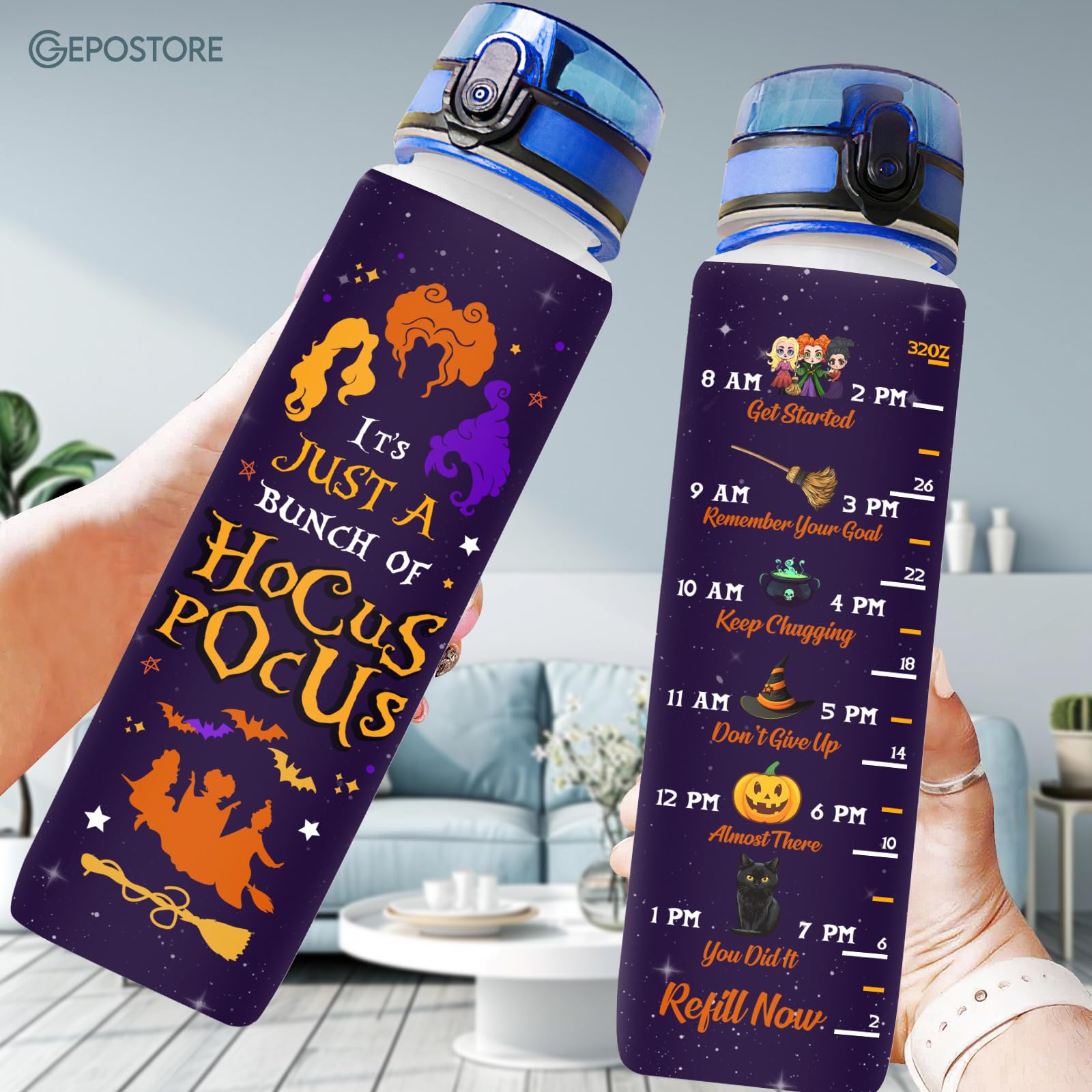 Hocus 32 Oz Insulated Water Bottle with Time Marker - Motivational Movie Character Design - Perfect for Gym, Hiking & Work - Great Gift for Movie Lovers