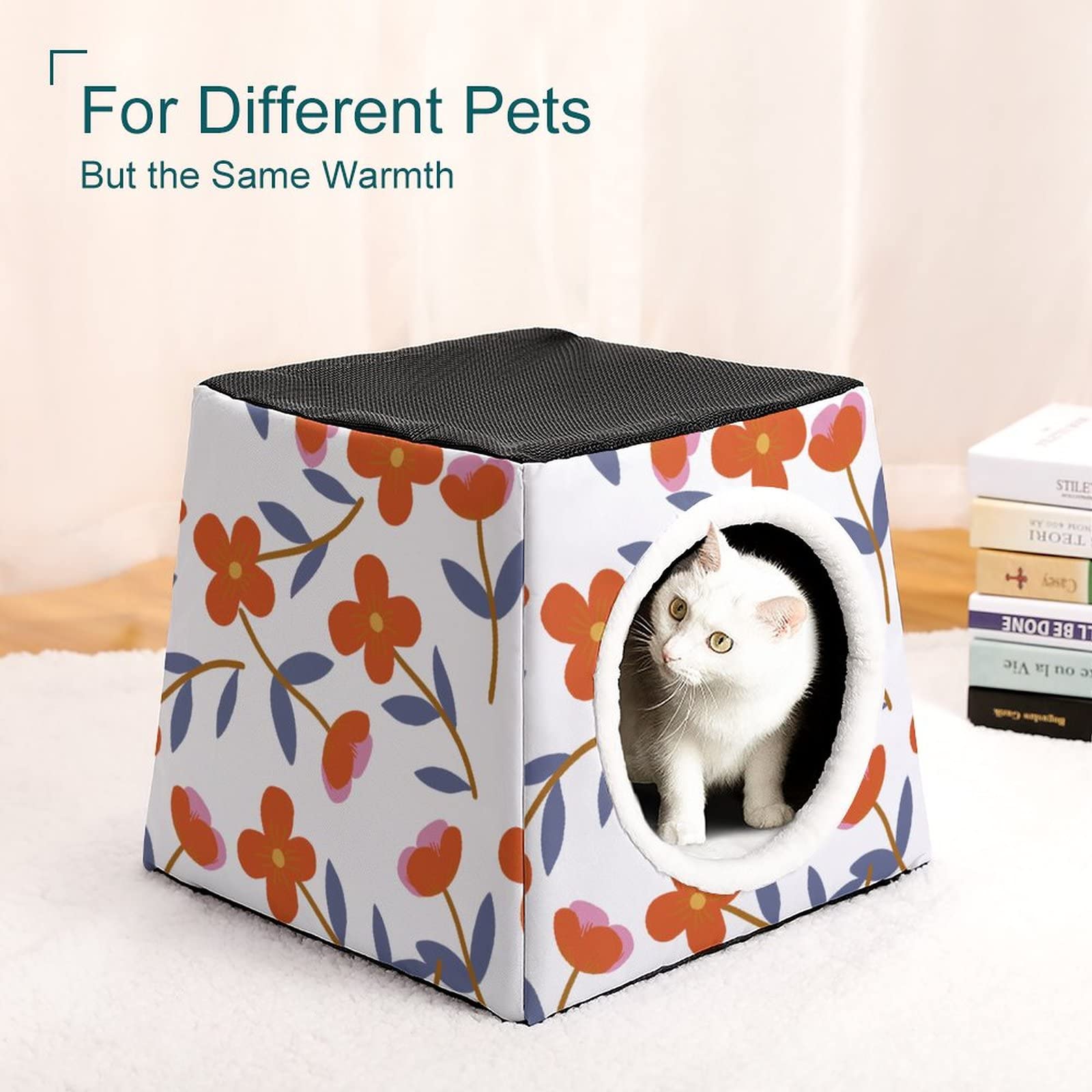 Printed Cat Cube Kitty House - Indoor Cat Bed & Small Dog Shelter, Warm & Cozy Pet Sofa with Red Flower Design | Perfect for Home Decor, Pet Nap Time & Cozy Winter Nights