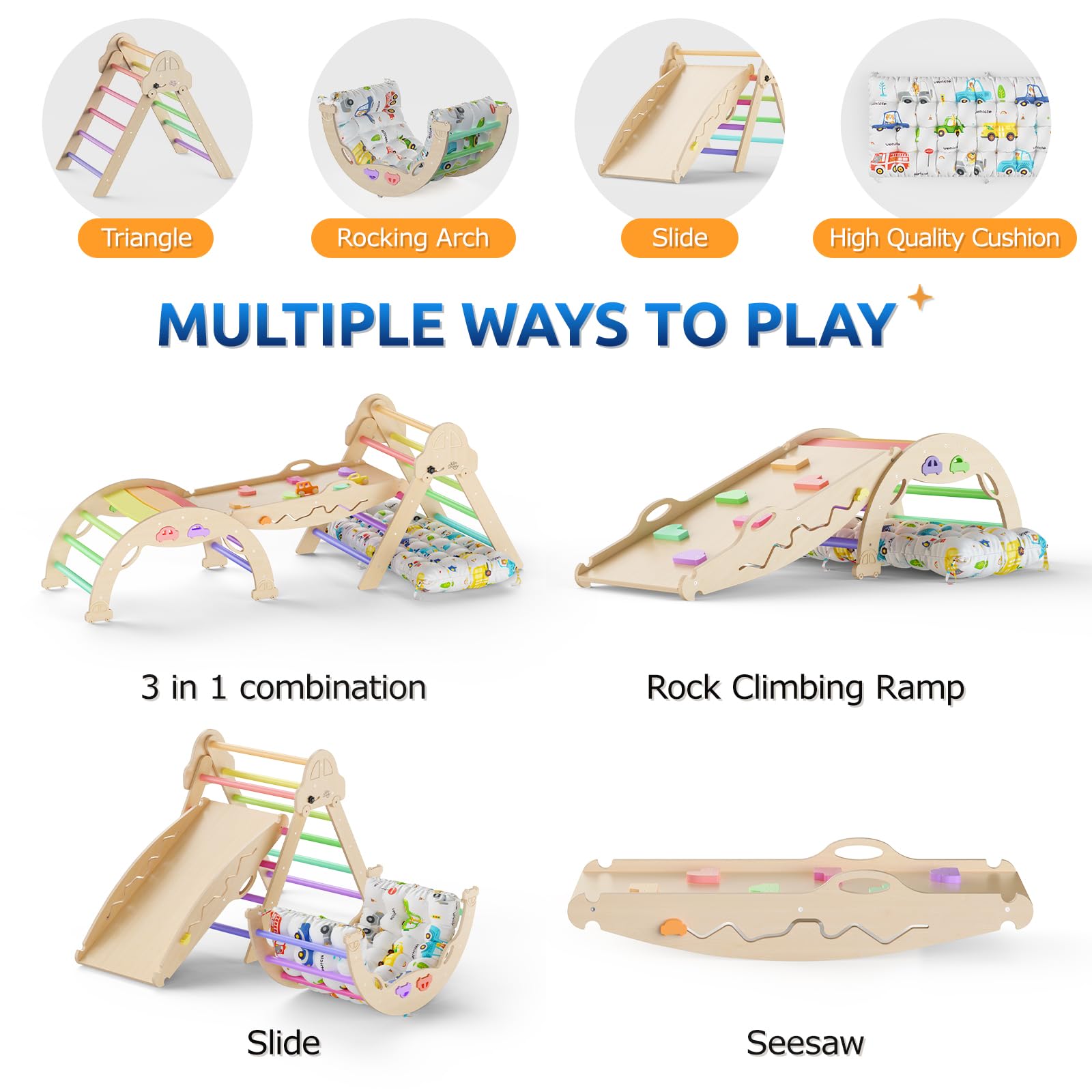 Foldable Pikler Triangle Set with Cushion - 9-in-1 Montessori Climbing Toys for Toddlers 1-3 Years | Indoor Wooden Play Gym with Maze, Shape Sorter & Car Toys | Perfect for Home Playrooms, Daycares & Montessori Learning Spaces