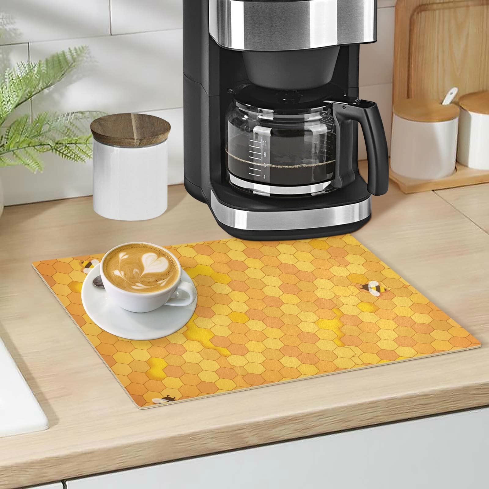 Honey Bee Yellow Absorbent Reversible Dish Drying Mat for Kitchen Counter - 17.7
