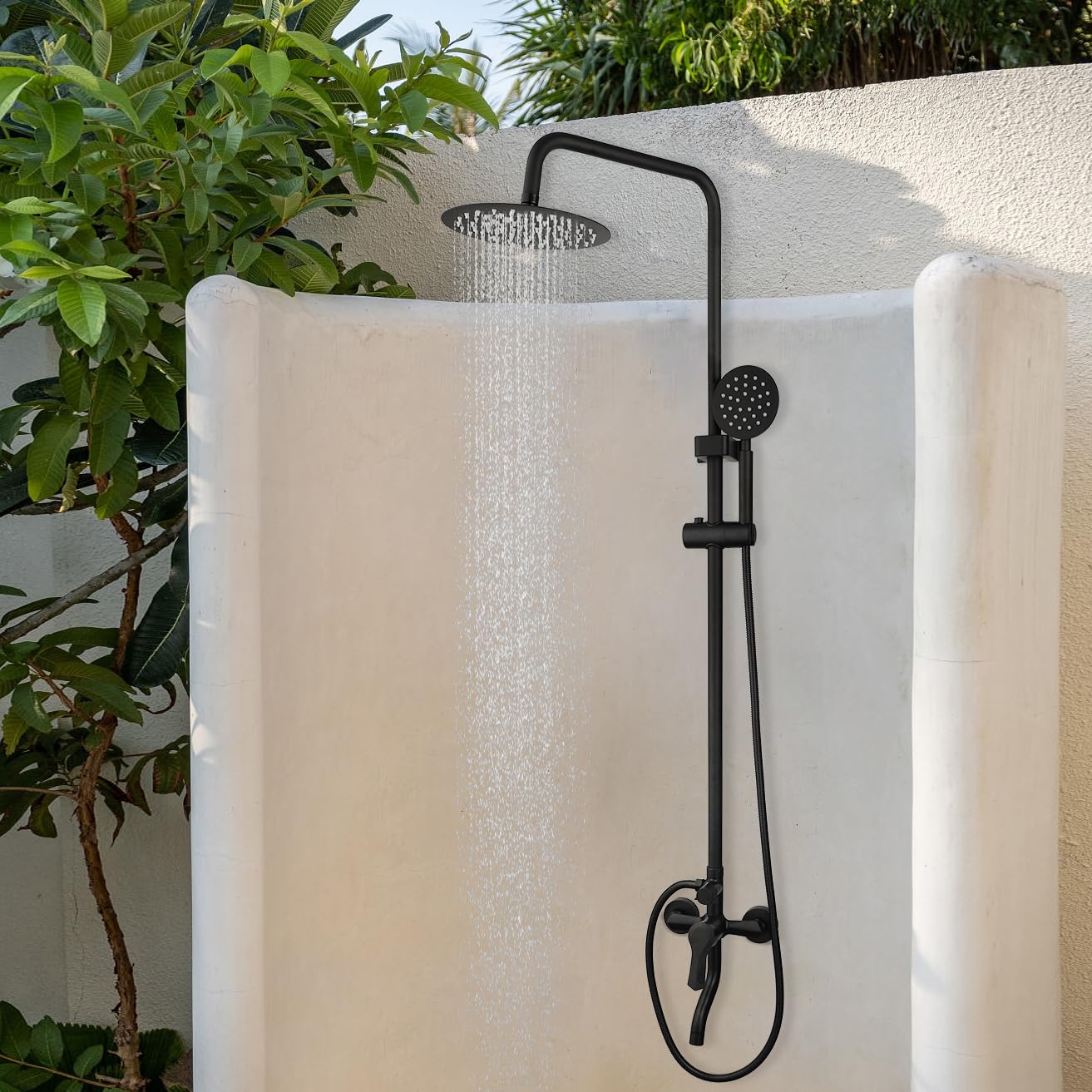 KECTIAKL Matte Black Outdoor Shower System - 8 Inch Rainfall Shower Head with 3 Spray Functions - Wall Mounted Bathroom Shower Fixture Set for Patio, Poolside & Garden Use