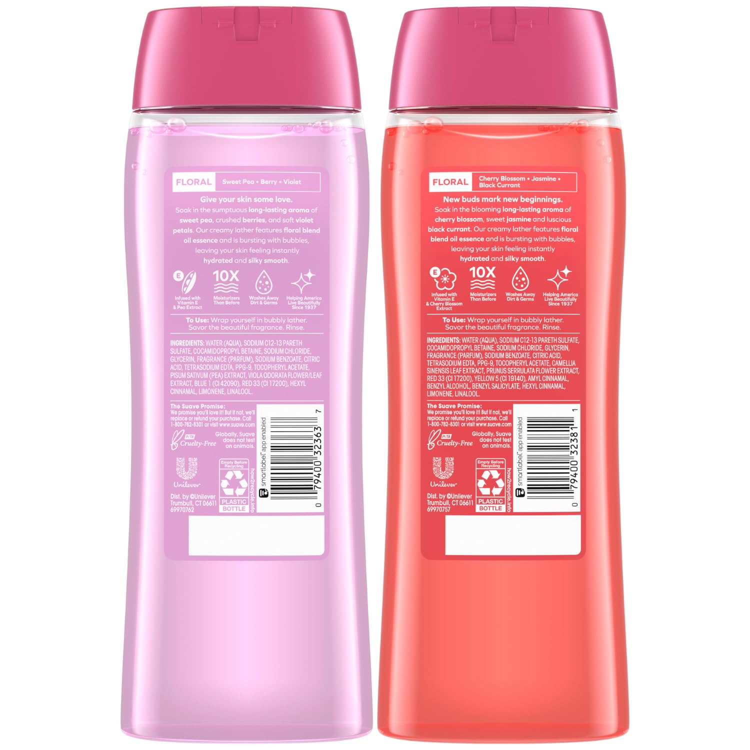 Suave Body Wash Variety 2-Pack, Sweet Pea & Violet + Wild Cherry Blossom - Moisturizing Floral Scented Shower Gel for Women & Men, 18 Oz Each | Perfect for Daily Hydration & Relaxing Bath Time