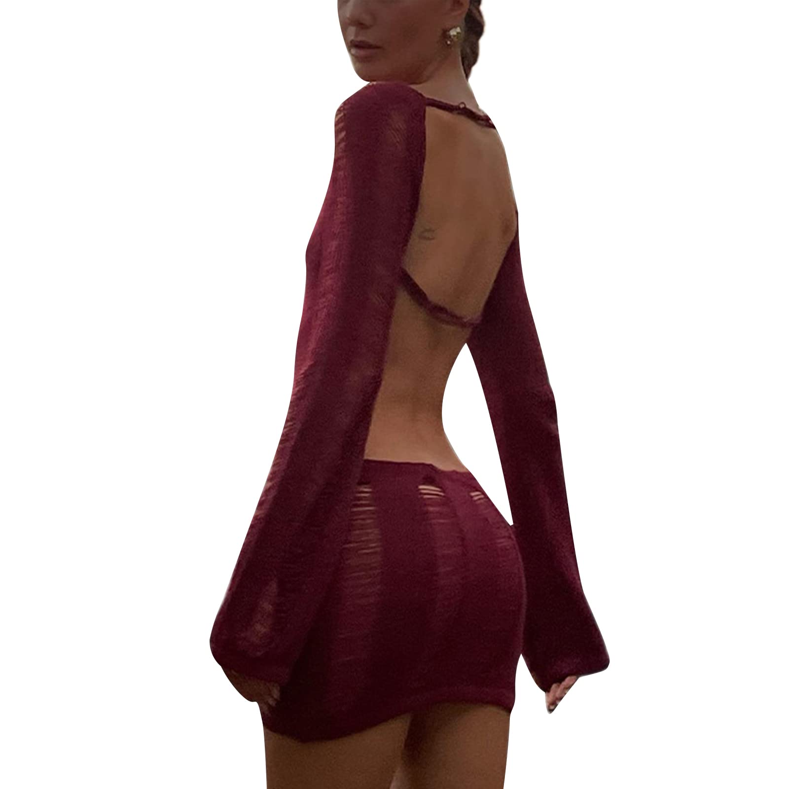 NUFIWI Women's Sexy Hollow Out Mini Dress - Crochet Knit Long Sleeve Backless Cover Up Beach Sundress for Summer Vacation, Pool Party & Date Night