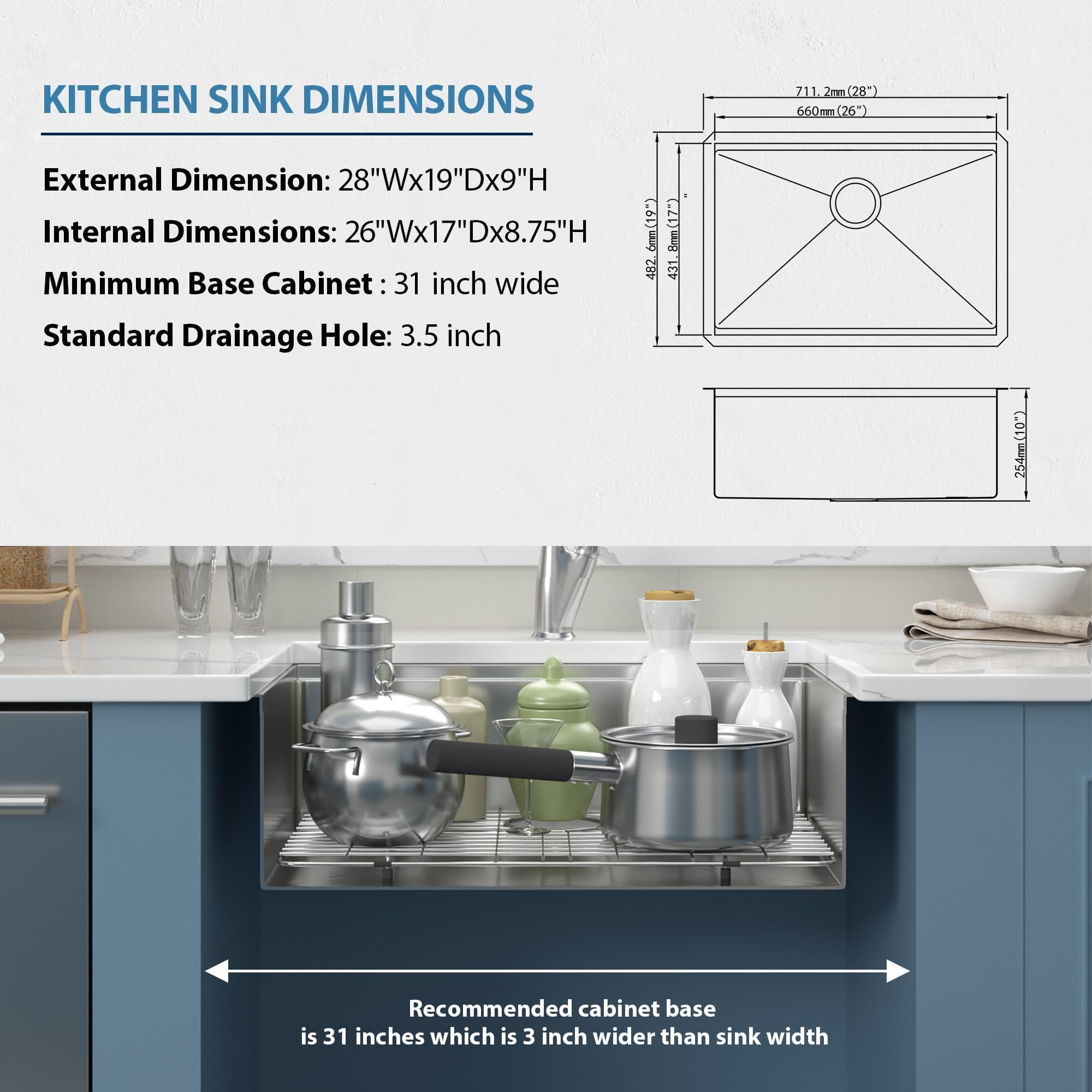 28x19 Inch Undermount Kitchen Sink - GhomeG T304 Stainless Steel 16 Gauge Single Bowl Workstation Sink with Round Corners | Under Counter Installation for Modern Kitchens, Food Prep & Dishwashing