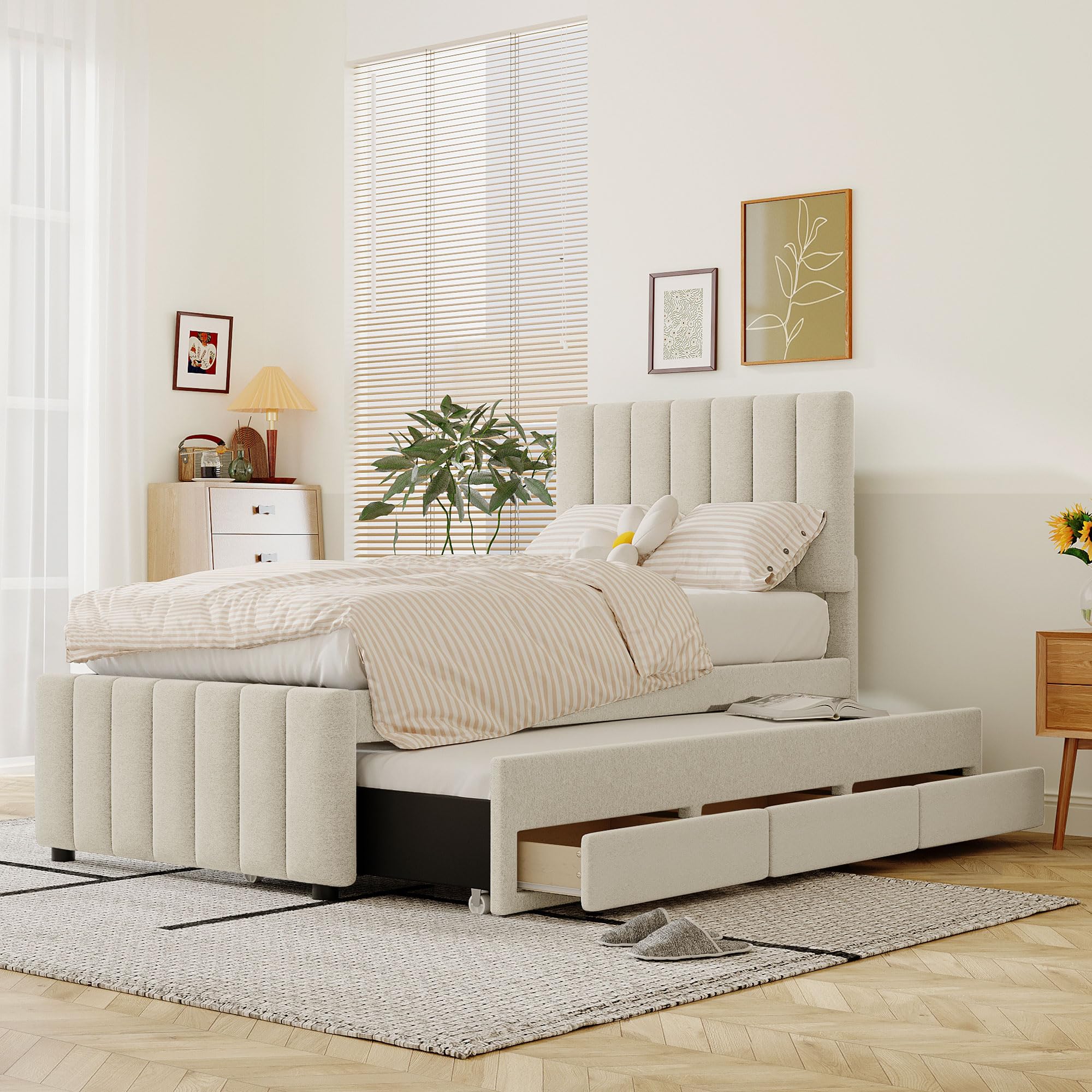 MERITLINE Twin Size Platform Bed with Pull-Out Trundle & 3 Storage Drawers - Linen Upholstered Bed Frame with Headboard for Kids, Teens & Adults - Space-Saving Bedroom Furniture for Small Rooms & Guest Rooms (Twin, Beige)