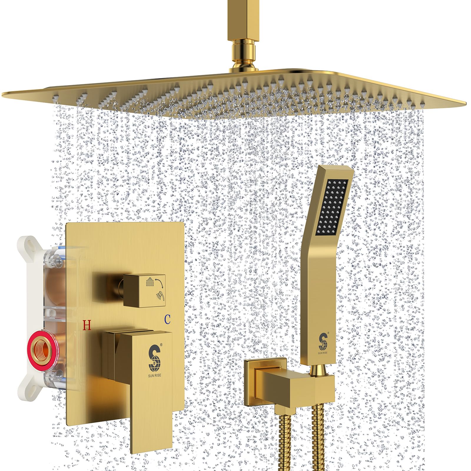 SR SUN RISE 16 Inch Ceiling Mounted Rainfall Shower System - Brushed Gold Shower Combo Set with Mixer, Rough-in Valve & Trim - Perfect for Luxury Bathroom & Spa Experience