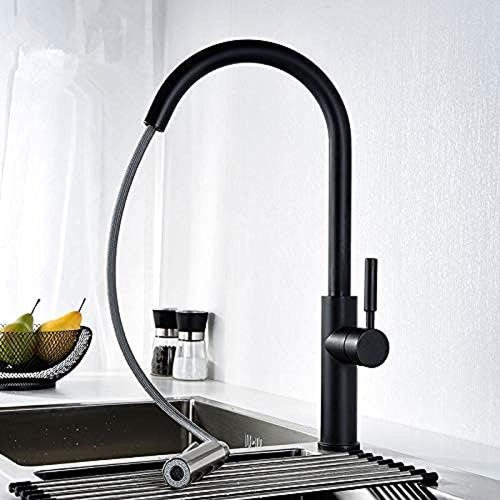 CRJUS Black Brushed Nickel Kitchen Faucet - 360 Degree Swivel Zinc Alloy Sink Mixer Tap with Pull Down Sprayer | Perfect for Modern Farmhouse, Apartment & RV Kitchen Renovation