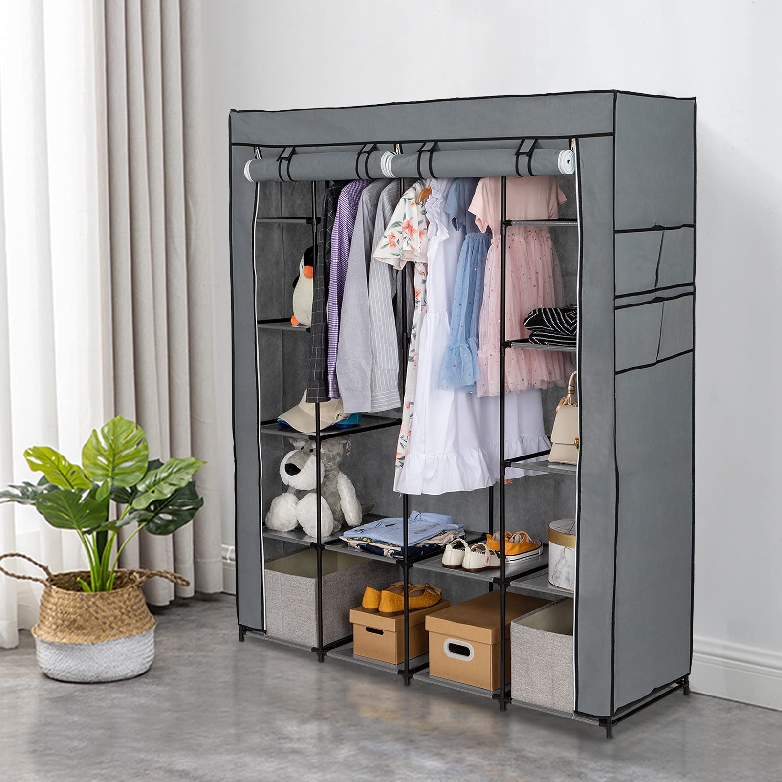 BNSPLY 66 Inch Portable Closet Organizer - Non-Woven Fabric Wardrobe Storage with Hanging Rod, 56 x 18.5 x 66 Inches, Grey - Perfect for Bedroom, Dorm, Apartment & Closet Organization