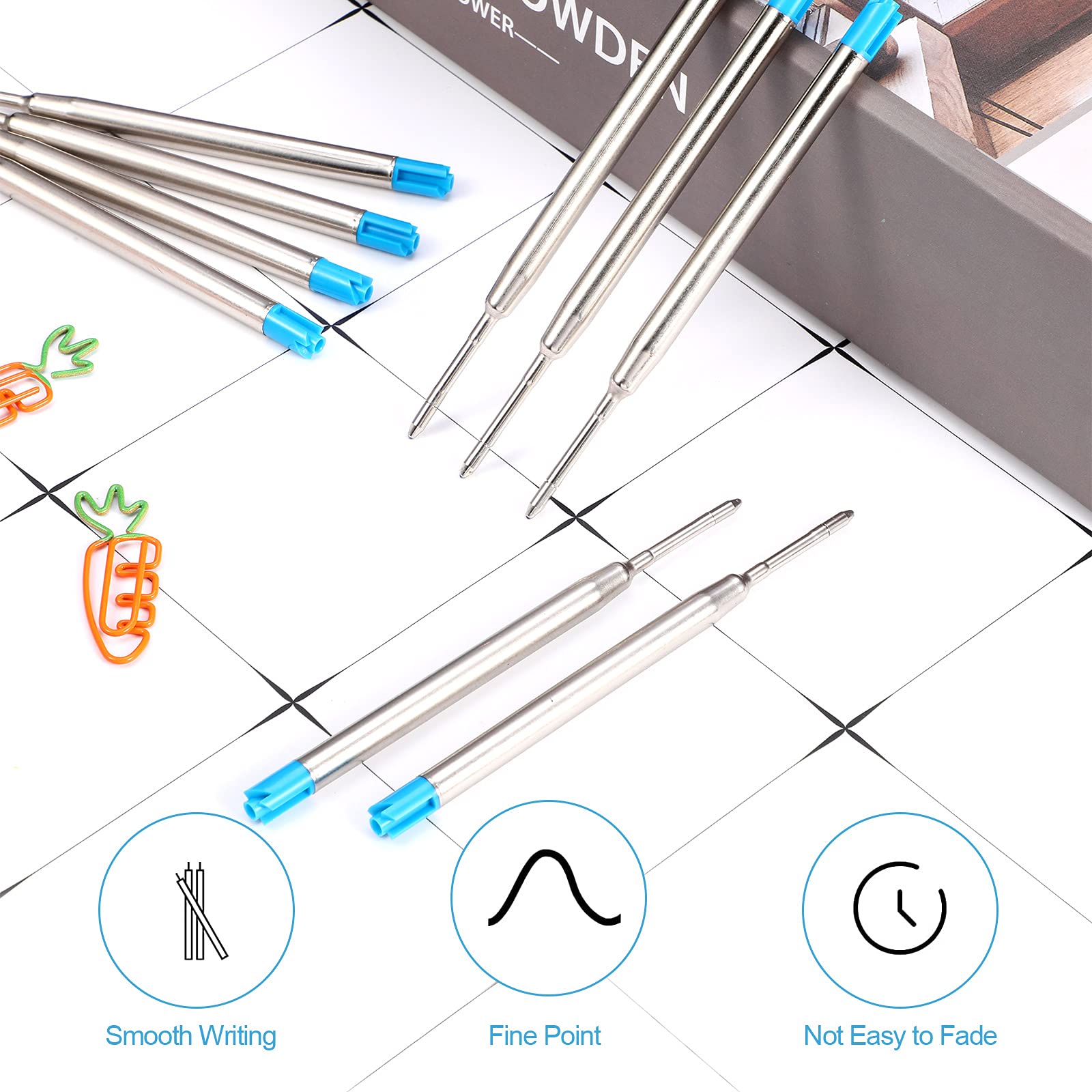12-Pack Blue Ink 1.0mm Medium Point Metal Ballpoint Pen Refills - Smooth Writing Replacement Refills for Retractable Pens - Ideal for School, Office & Daily Use (Blue)