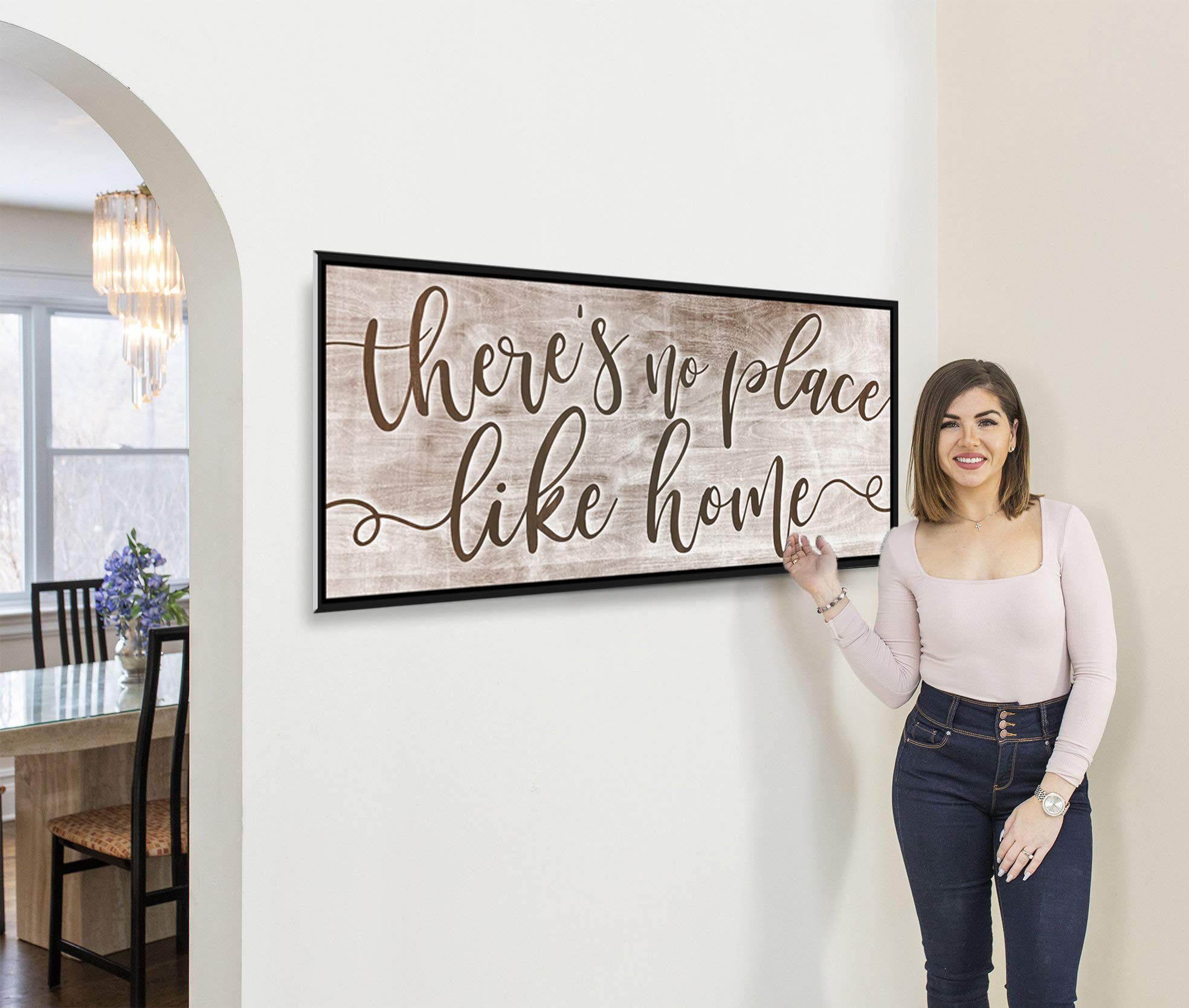 Artistic Home Wall Decor - 'There's No Place Like Home' Rustic Wood Sign with Floating Frame (60x27 Inch, Inverted Brown/Black) - Perfect for Living Room, Housewarming Gifts & Farmhouse Style Interior Design