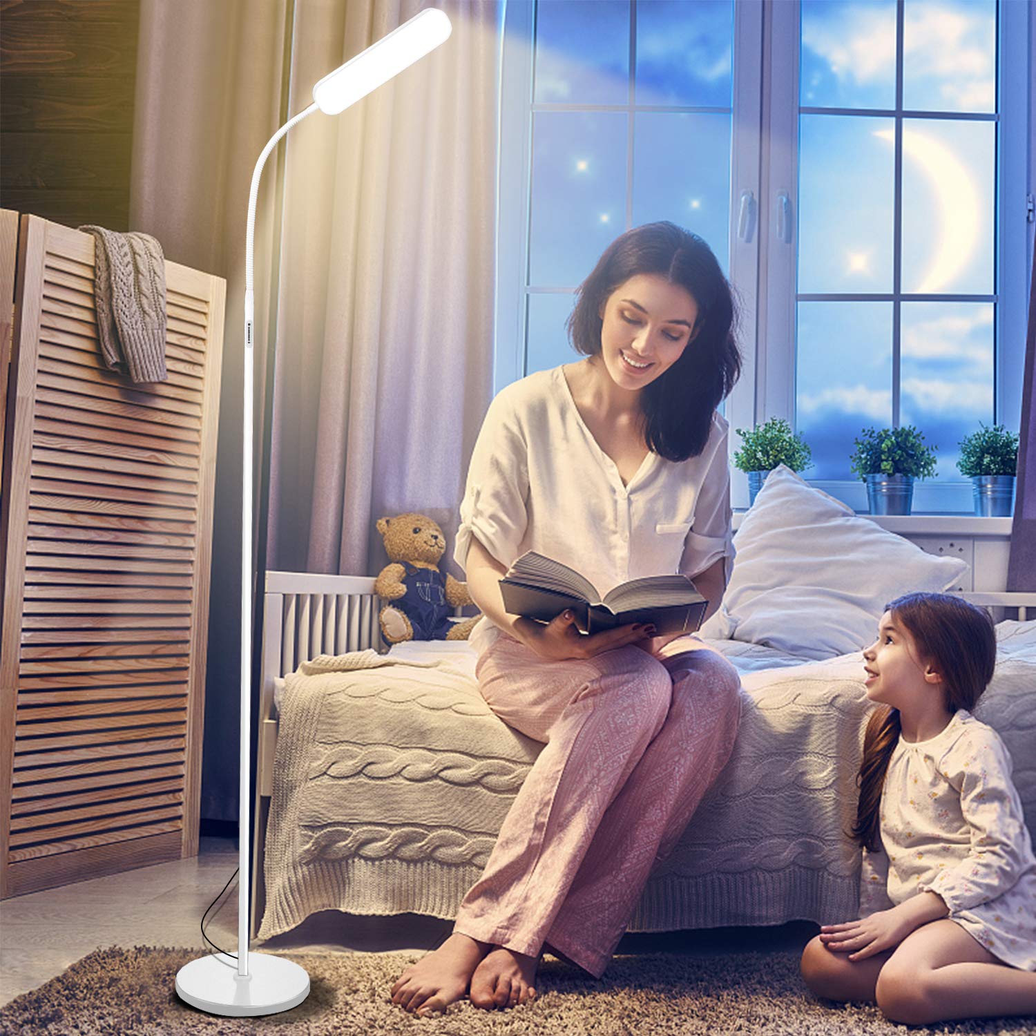 15W 1000LM Bright LED Floor Lamp with 4 Color Temperatures & Stepless Dimmer - Remote & Touch Control Adjustable Gooseneck Reading Light for Living Room, Bedroom, Office and Study