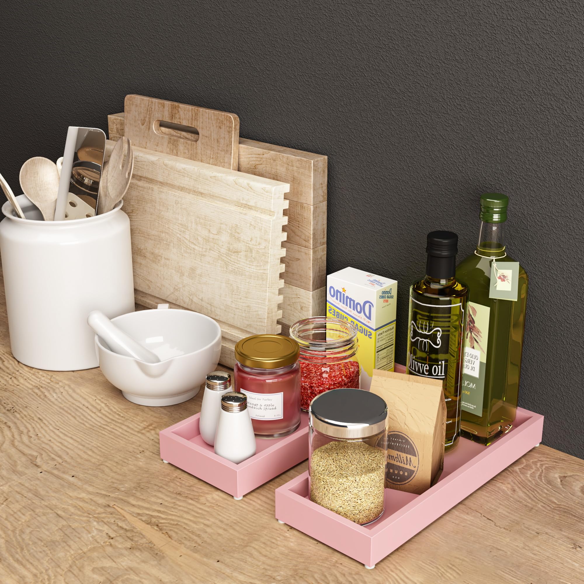 Wooden Vanity Tray for Bathroom & Bedroom Decor - Pink Rectangle Perfume Holder for Candles, Jewelry & Skincare Products | Perfect for Countertop, Dresser, Nightstand & Toilet Tank Organization