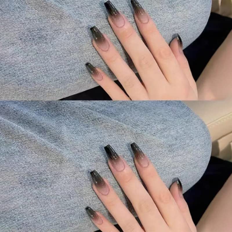 Trendy Premium Black Press on Nails Set - 24 PCS Reusable Fake Nails with Semi-Transparent Tips & Complete Kit | Perfect for Parties, Weddings, and Everyday Wear