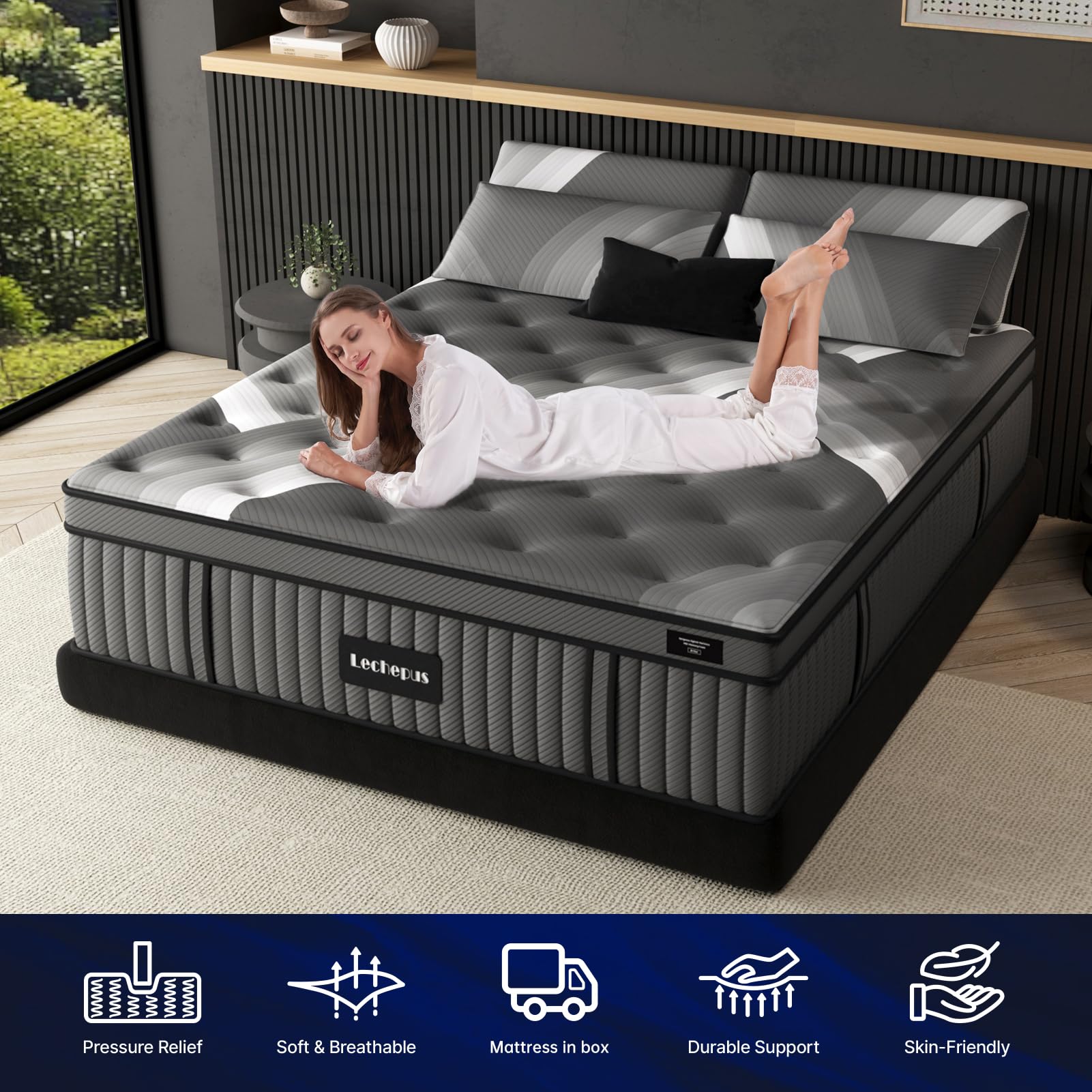 Lechepus 14 Inch Twin XL Hybrid Mattress in a Box - Plush Memory Foam with 5-Zone Pocket Springs for Pressure Relief & Back Support | CertiPUR-US Certified, Fiberglass-Free | Perfect for Guest Rooms, Dorms & Small Bedrooms
