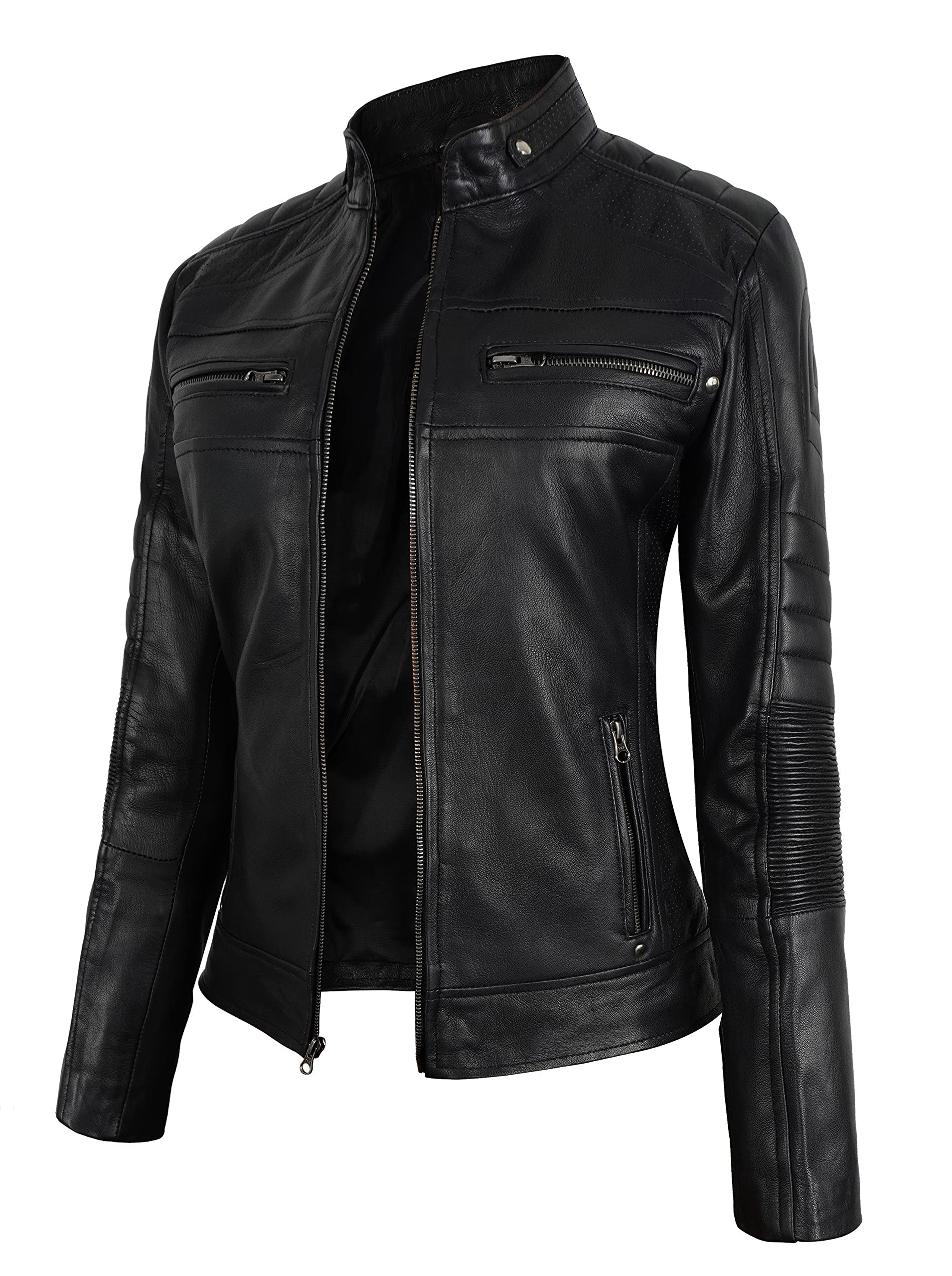 SpazeUp Women's Black Asymmetrical Cafe Racer Motorcycle Jacket - Genuine Leather Biker Jacket for Women | Stylish Outerwear for Riding, Night Out & Casual Wear